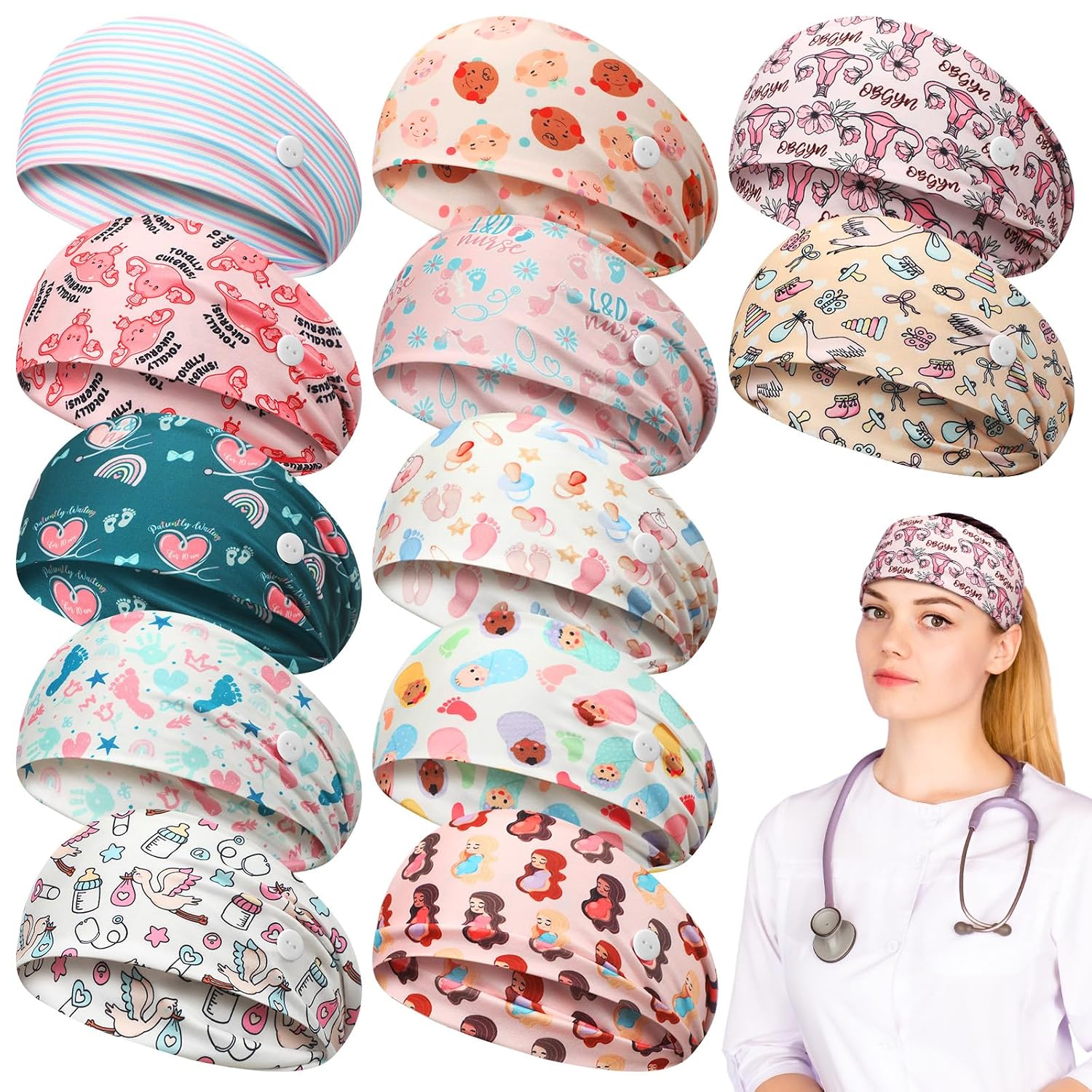 12 Pcs Labor and Delivery Nurse Headbands for Women Non Slip Nursing Headband with Button for Mask Work Accessories Ear Protection Hair Band Gift for Nicu Obstetrics Nurse Doctor(Interest)