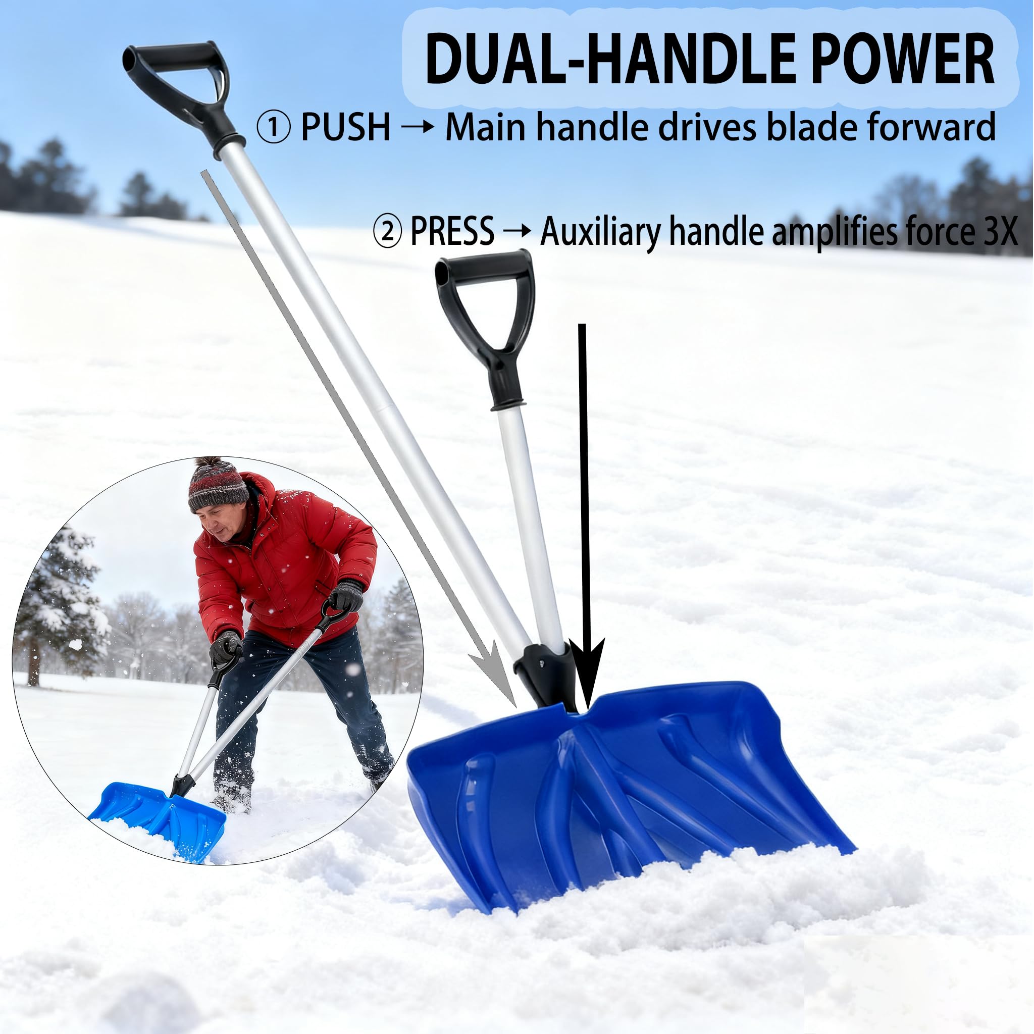 Magshion Pala da neve ergonomica da 45,7 cm con manico assistito e lama in alluminio resistente agli urti, rimozione della neve per vialetto e patio, blu