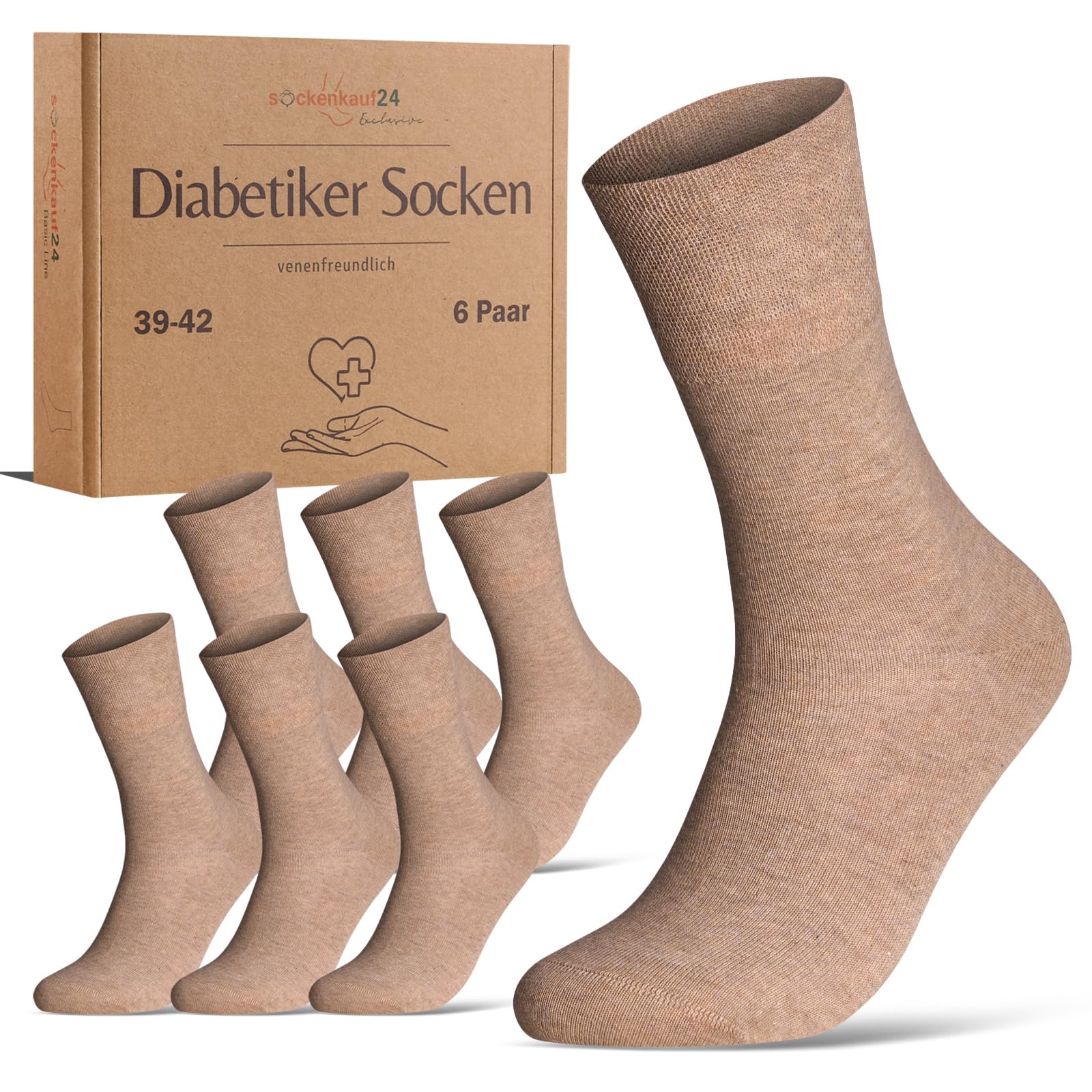 sockenkauf24 Diabetic socks without elastic waistband and seamless, 97% cotton (6 pairs), diabetic socks with comfort waistband for men and women, beige, 43-46
