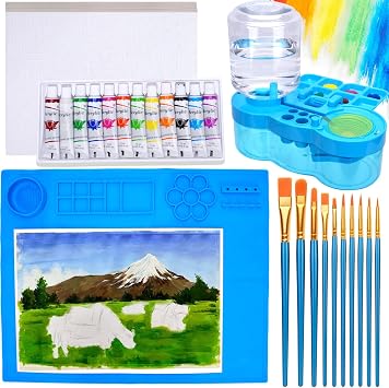 Painting Station, Paint Brush Cleaner, 20"X16" Silicone Painting Mat, 12 Colors Acrylic Paint,10 Brushes and 10 Textured Card Paper Painting Supplies Kits for Artist Kids Adults Birthday Gifts Blue