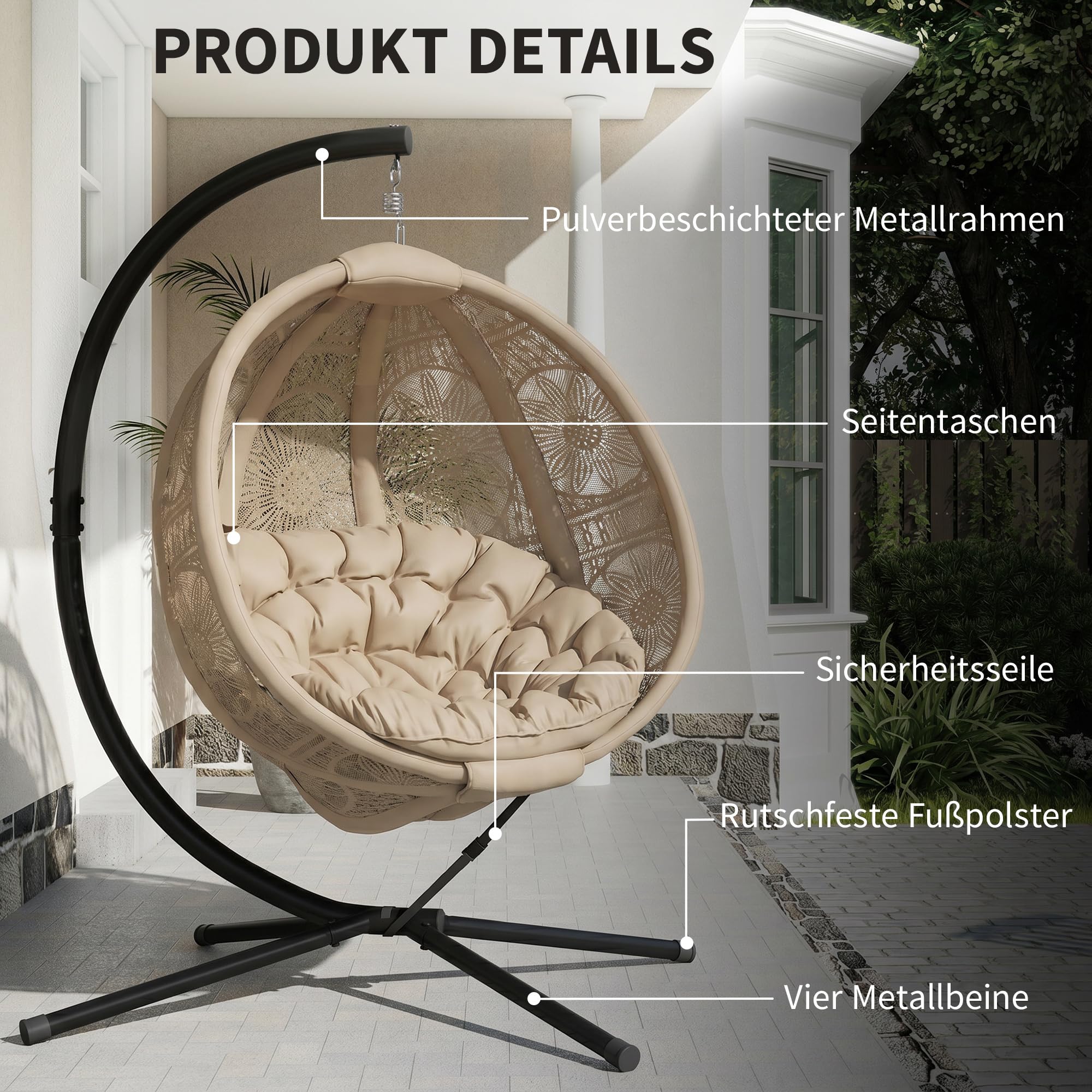 Outsunny Hängesessel, Hängeschaukel, Hängestuhl mit Sitzkissen, Klappbarem Sitzkorb, für Indoor, Outdoor, bis 120 kg Belastbar, Polyester, Sand