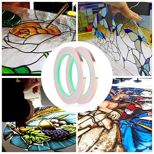 Miniatura 6 de 2 rollos de cinta de lámina de cobre, cinta adhesiva de lámina de cobre de 14 de pulgada de ancho para vidrieras de doble cara con raspador de