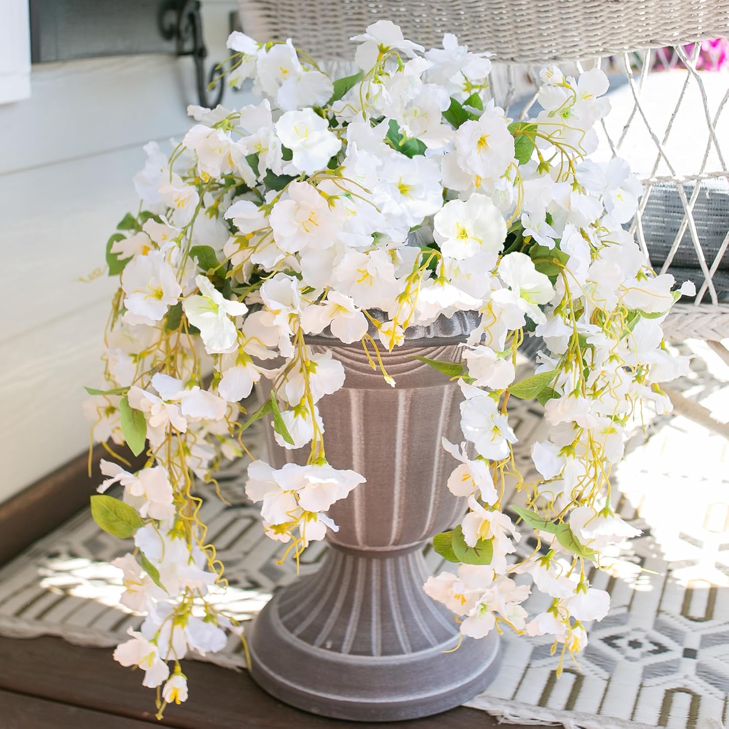 Artificial Hibiscus Fake Hanging Flowers Plants for Outdoor Spring Summer Decoration, 2pcs White Silk Hibiscus Long Trailing Vines UV Resistant Realistic Faux Flower for Outside Front Door Porch Patio - Image 8