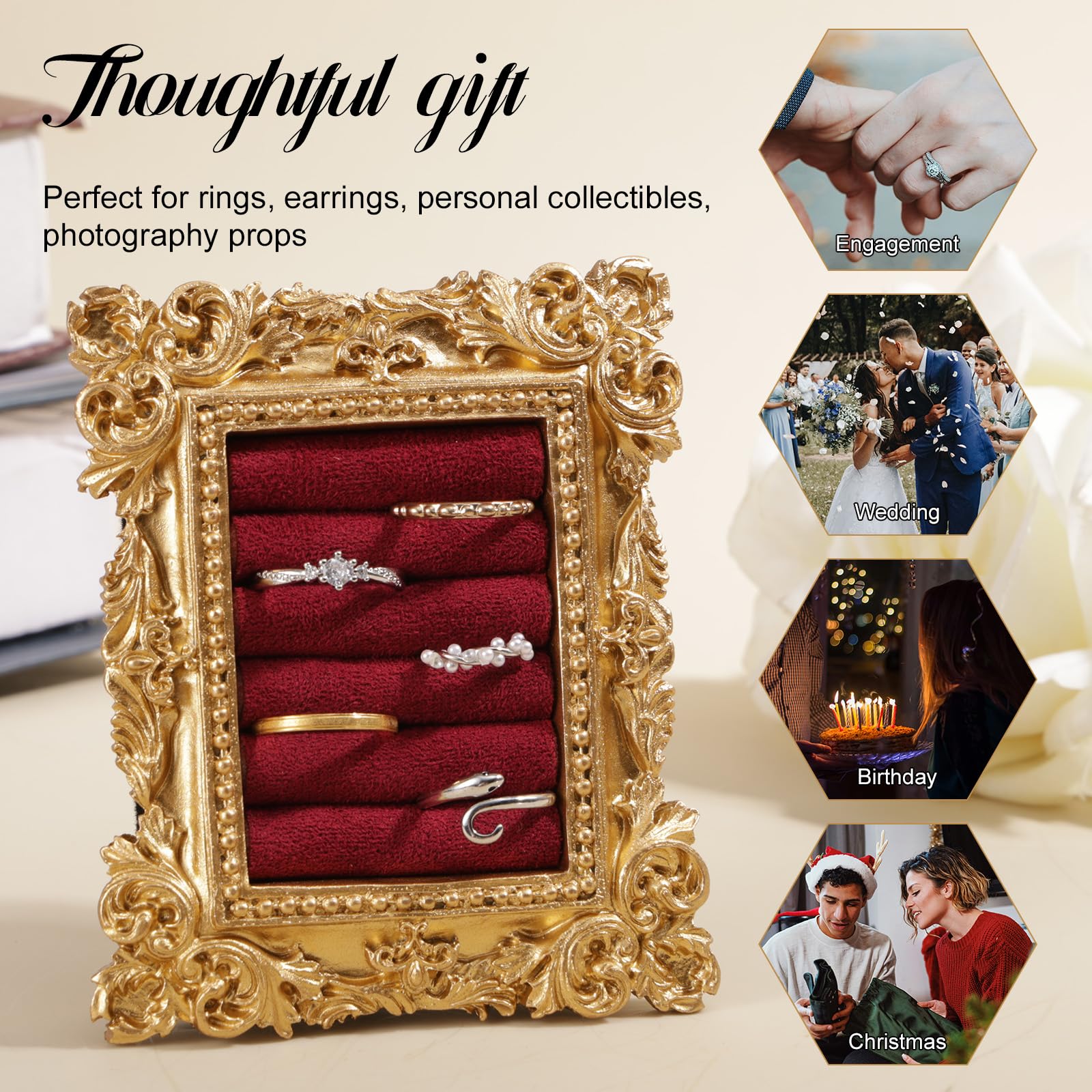 Mikovivi Vintage Ring Display Stand, Baroque Ring Holder Earring Display Tray Jewelry Organizer Birthday Engagement Wedding Decoration for Women (): Wine Red