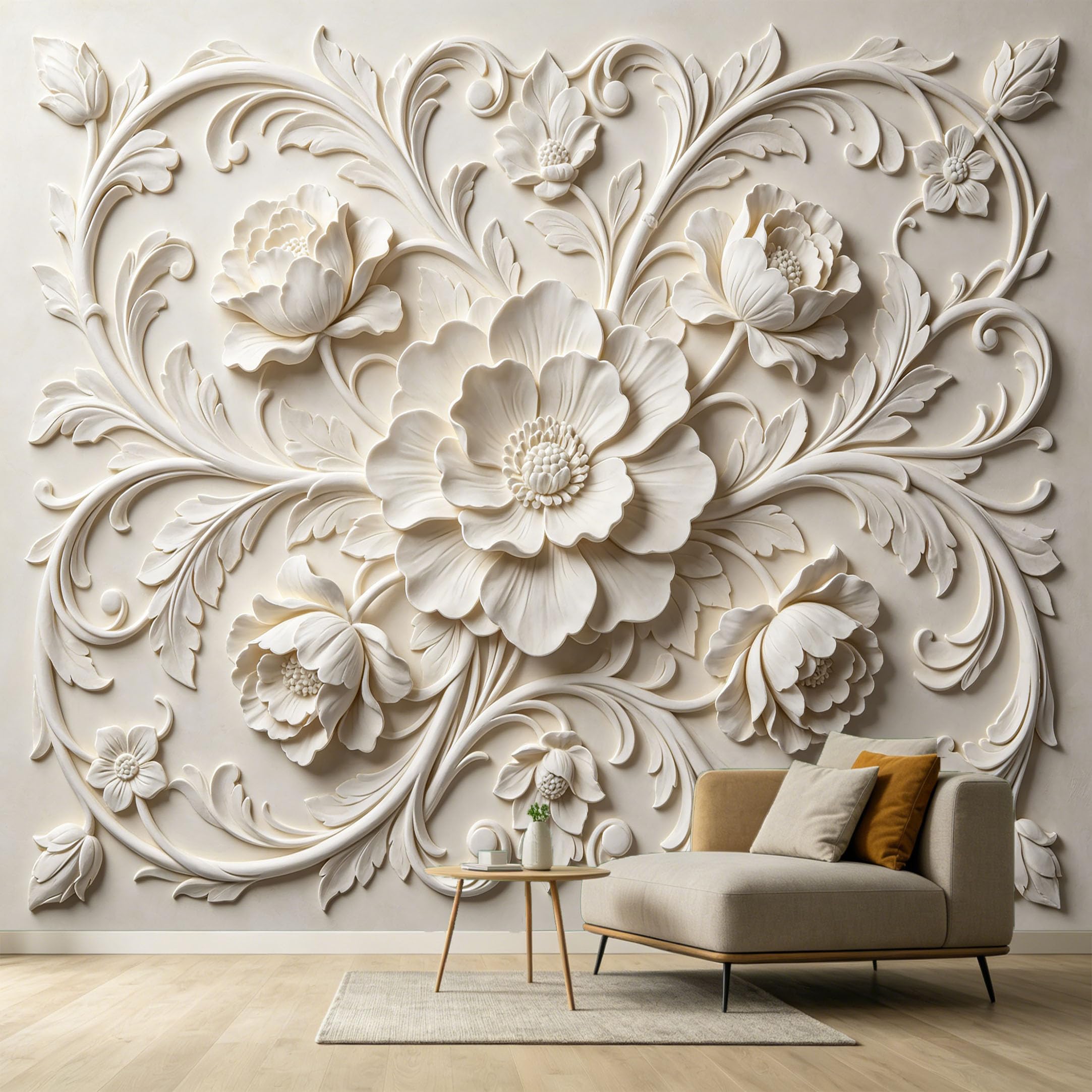Custom Size Wall Murals White Floral Relief 3D Textured Neoclassical Art SelfAdhesive Wall Fabric Removable Large Wallpaper for Photo Living Room Interior Decor Home