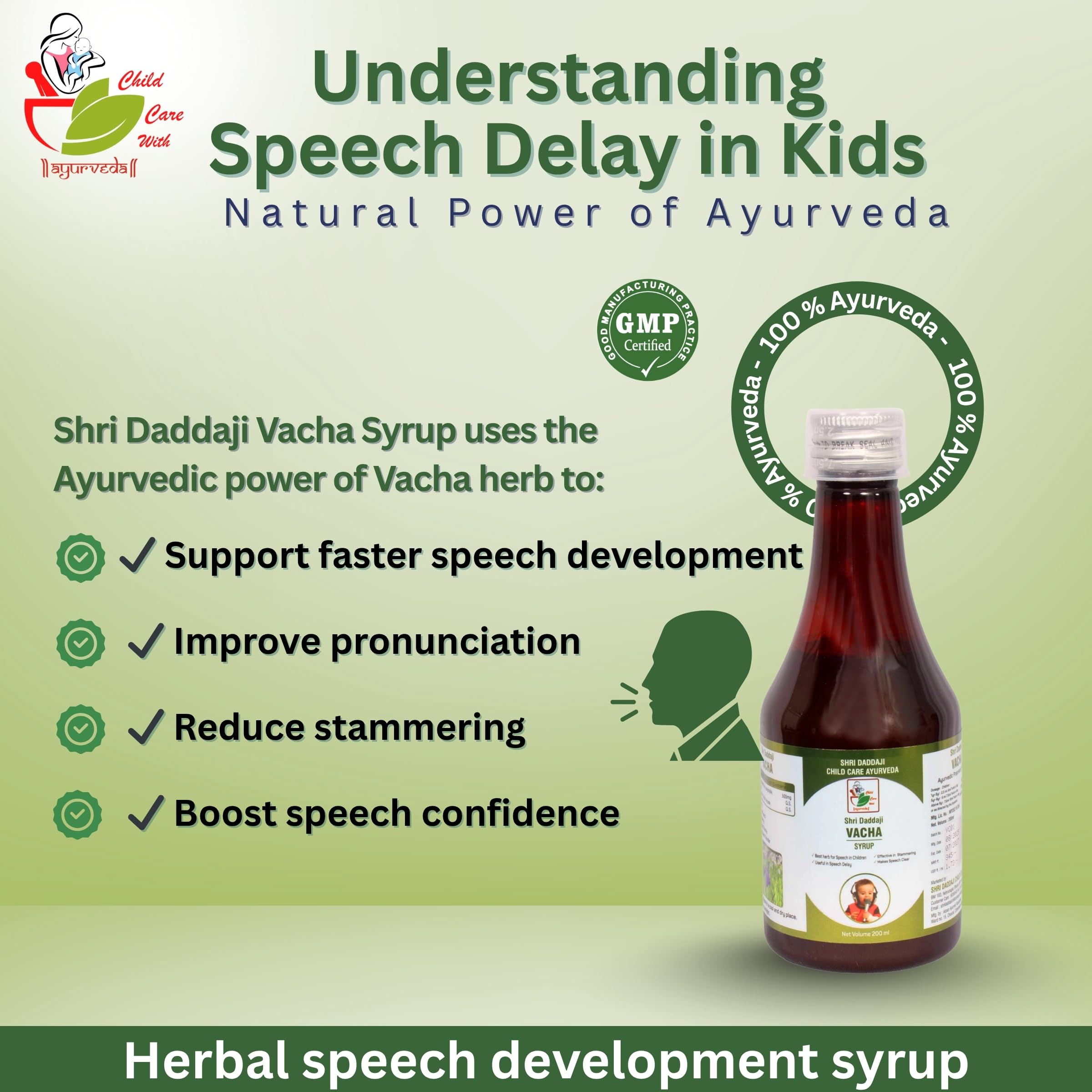 Shri Daddaji Vacha Syrup – Ayurvedic Herbal Syrup for Speech Delay, Stammering & Clear Speech in Children | 200 ml | Shri Daddaji Child Care Ayurveda - Image 3 thumbnail
