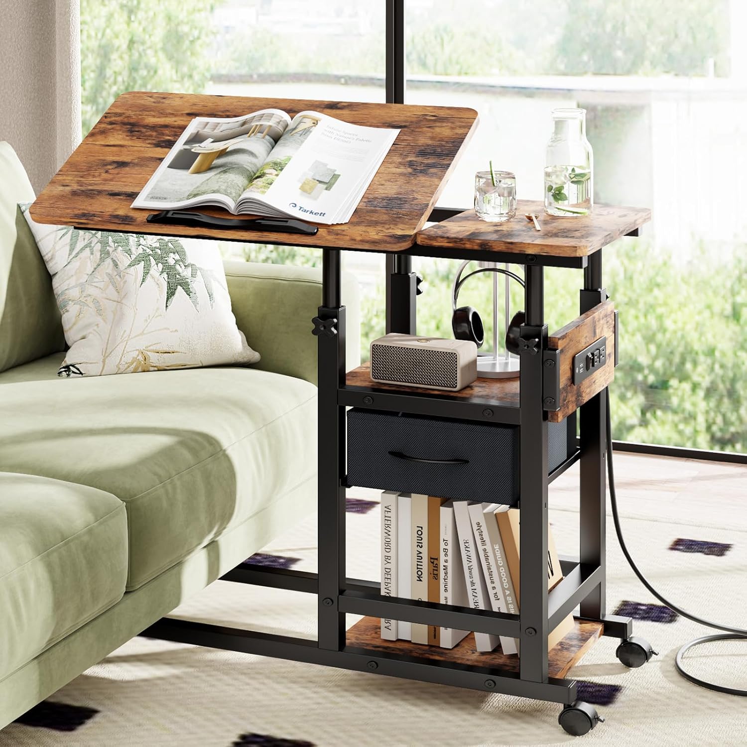 Height Adjustable Overbed Table with Wheel and Charging Station, Tiltable Desk C Shaped End Table for Couch, 2-Tier Overbed Bedside Desk with Storage Shelve for Living Room Bedroom Brown