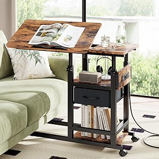 Height Adjustable Overbed Table with Wheel and Charging Station, Tiltable Desk C Shaped End Table for Couch, 2-Tier Overbed Bedside Desk with Storage Shelve for Living Room Bedroom