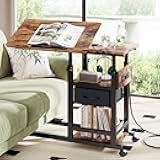 Height Adjustable Overbed Table with Wheel and Charging Station, Tiltable Desk C Shaped End Table for Couch, 2-Tier Overbed Bedside Desk with Storage Shelve for Living Room Bedroom