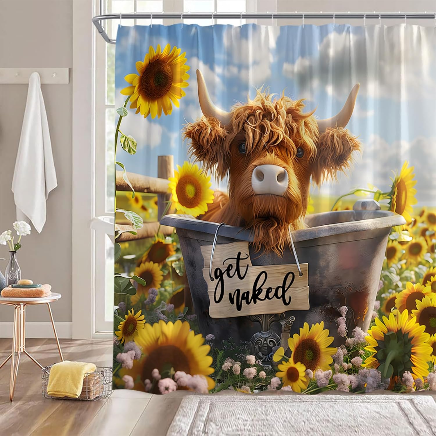 Funny Highland Cow Shower Curtain Western Farm Animal Longhorn Bull Cattle Farmhouse Rustic Sunflower Nature 108" Wx70 H Bathroom Decor Curtain with Hooks