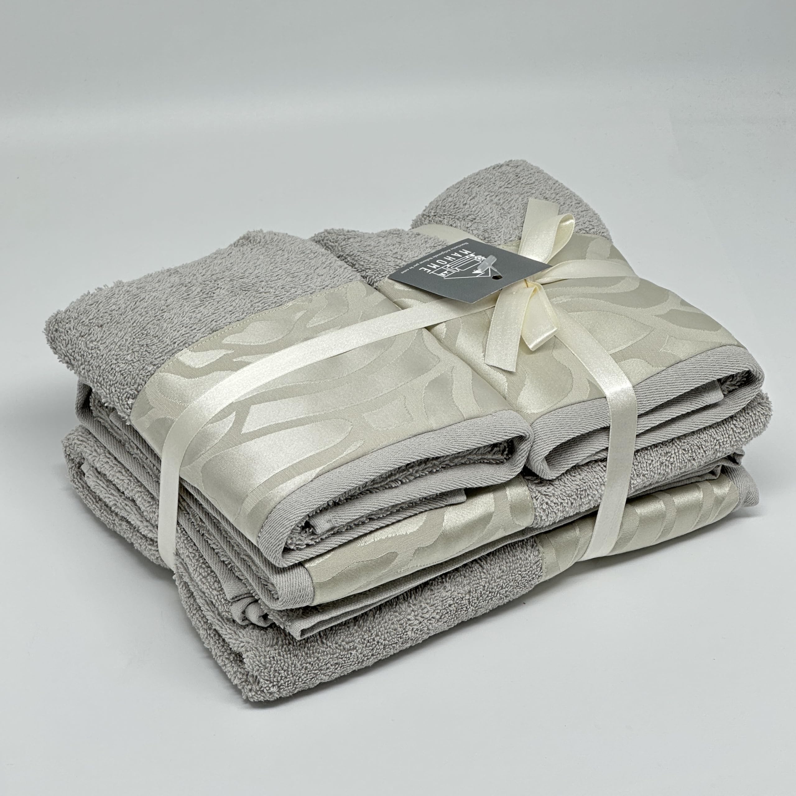 Mahome Set Asciugamani 4 Pezzi 450 Gr/m² 100% Cotone Italiano Artigianale con Balza in Jacquard | Set 2 Viso + 2 Ospite Morbidi Soffici Made in Italy (Dubai Grigio)