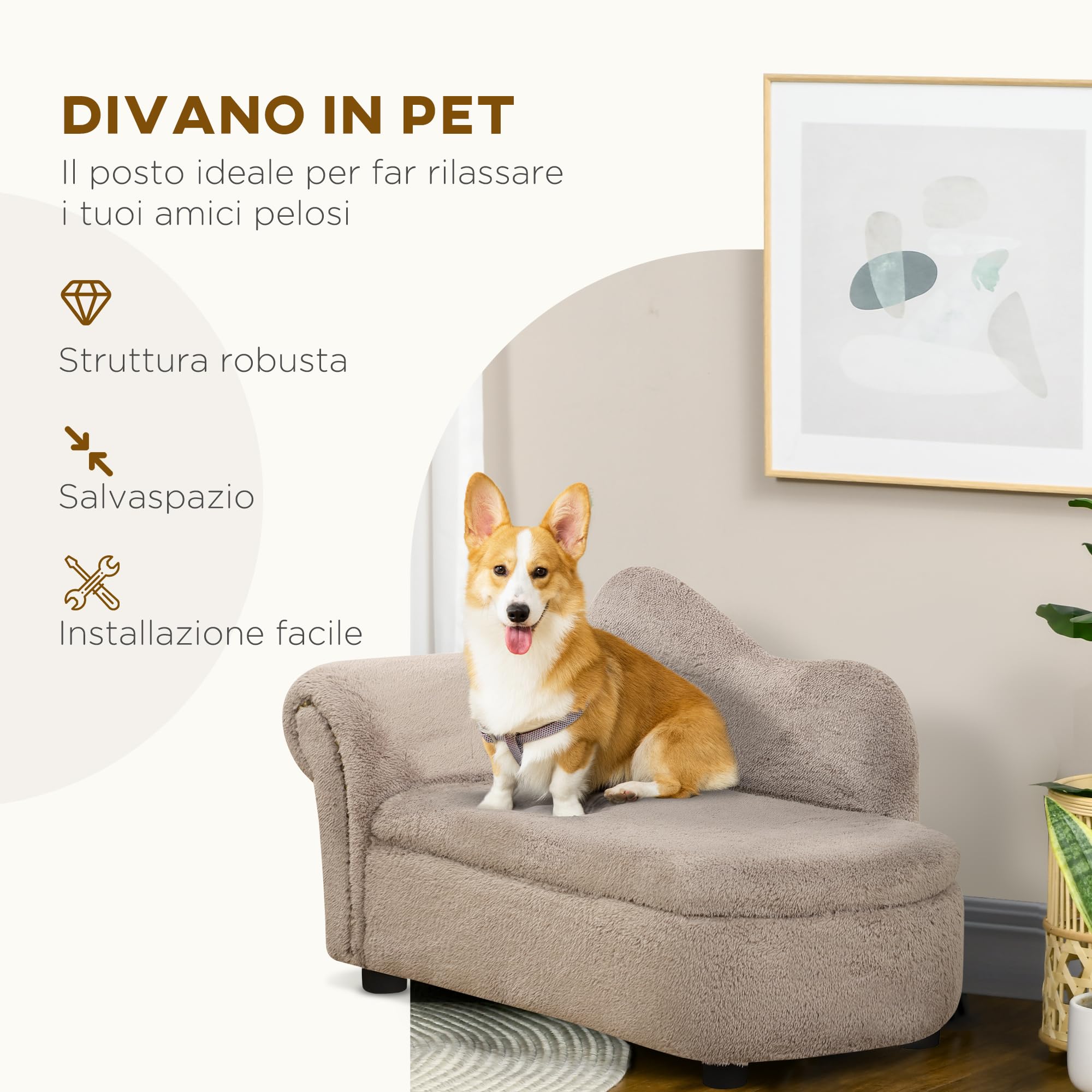 PawHut Divano per Cani Rialzato con Spazio Portaoggetti a Scomparsa, Divano Imbottito in Legno e Tessuto Vellutato, 80x40x46 cm, Beige