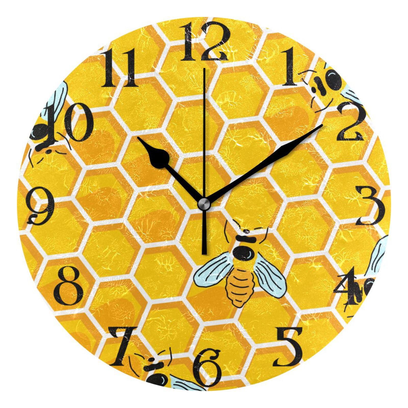 Yellow Bee Honeycomb Honey Wall Clock Silent Non Ticking Kitchen Clock 9.5 Inch Round Bathroom Clock Battery Operated Quartz Analog Decorative Desk Clock Living Room Decor