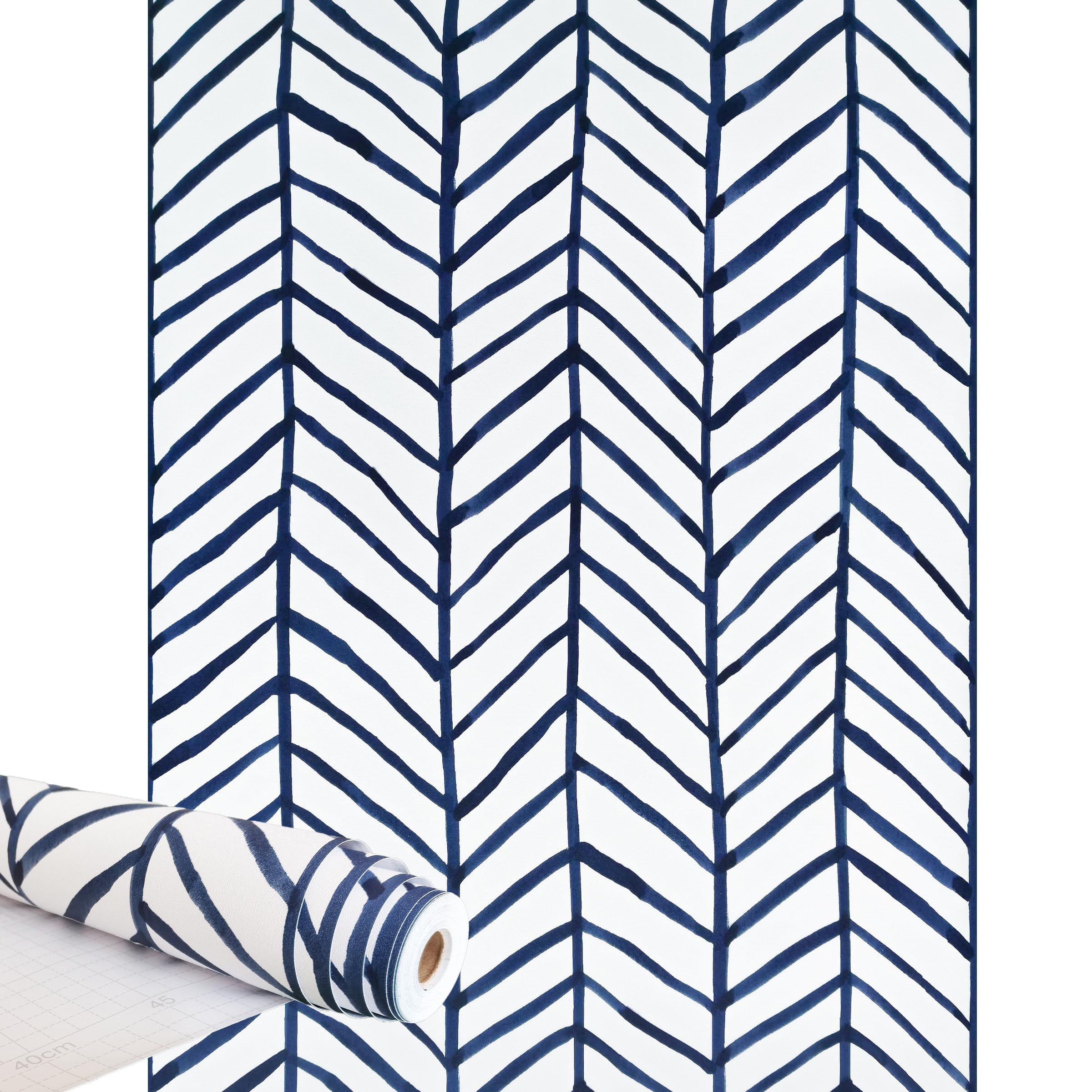 Qenlup Herringbone Wallpaper 44x500cm Blue and White Self Adhesive Geometric Striped Textured Contact Paper for Living Room Bathroom Kitchen