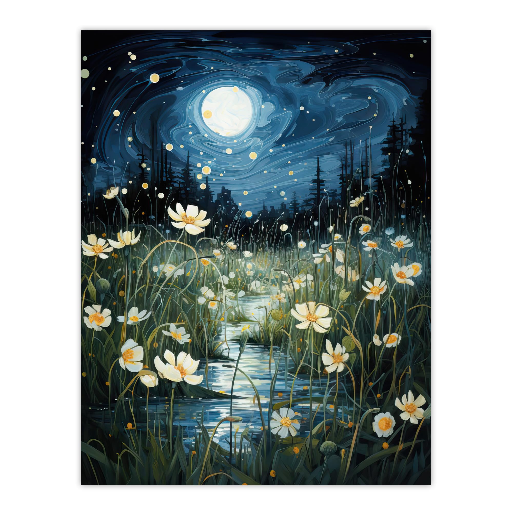 Artery8 Moonlit Dancing Fireflies By Buttercup Brook Artwork Full Moon Night Moonlight Extra Large XL Wall Art Poster Print