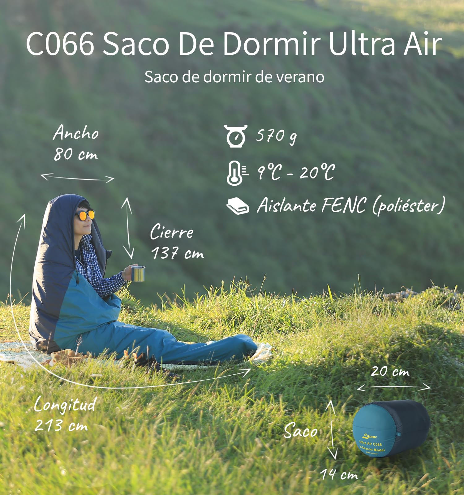 Saco de Dormir Ligero para Adultos, 570g 9-20°C Saco de Dormir para mochileros de Verano, Saco de Dormir Aislante Plegable Compacto