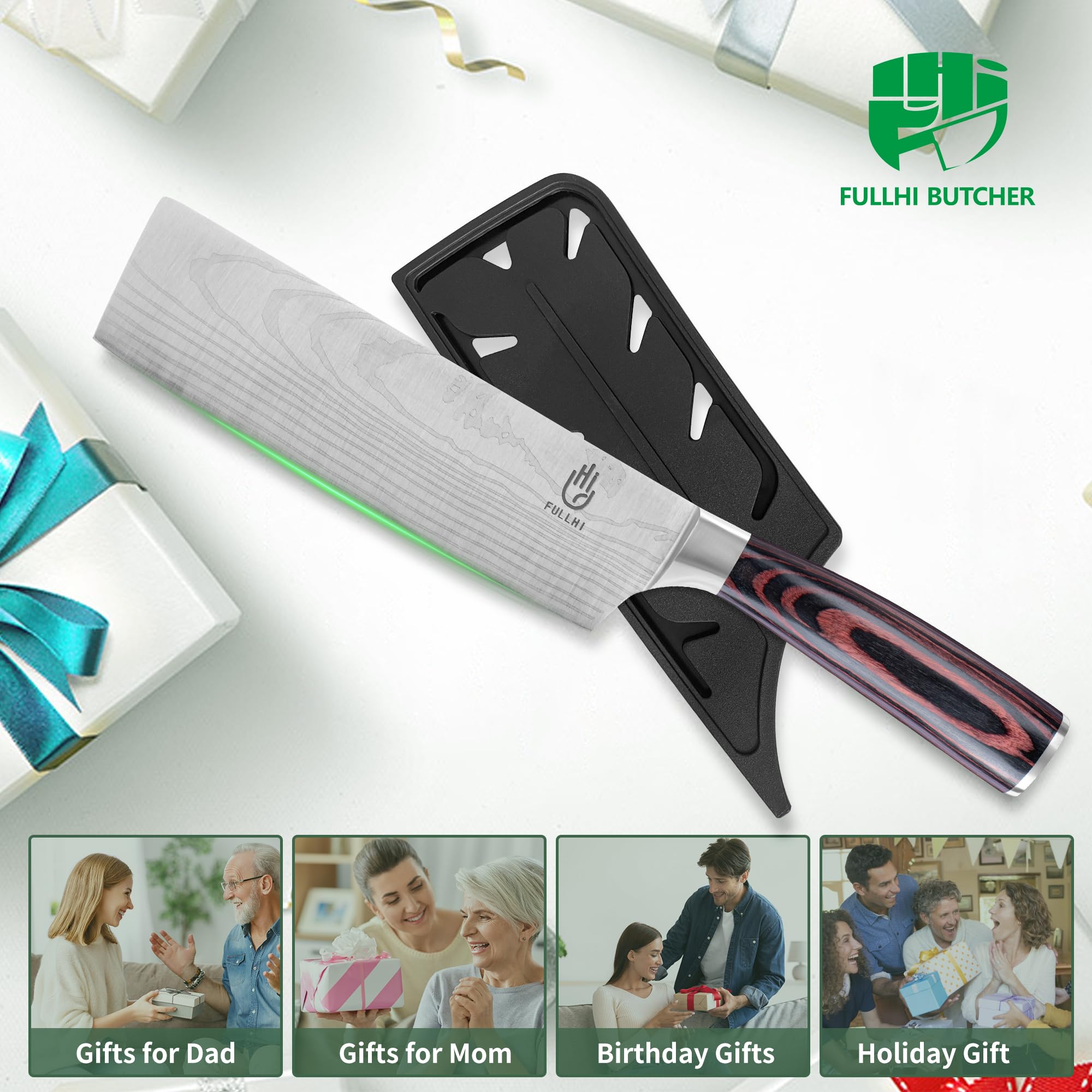 FULLHI Cuchillo Nakiri, Multi Color 7inch Cuchillo Japonés con funda, Acero Inoxidable Cuchillo Cocina Carne Verdura con Guarda (Madera Café)