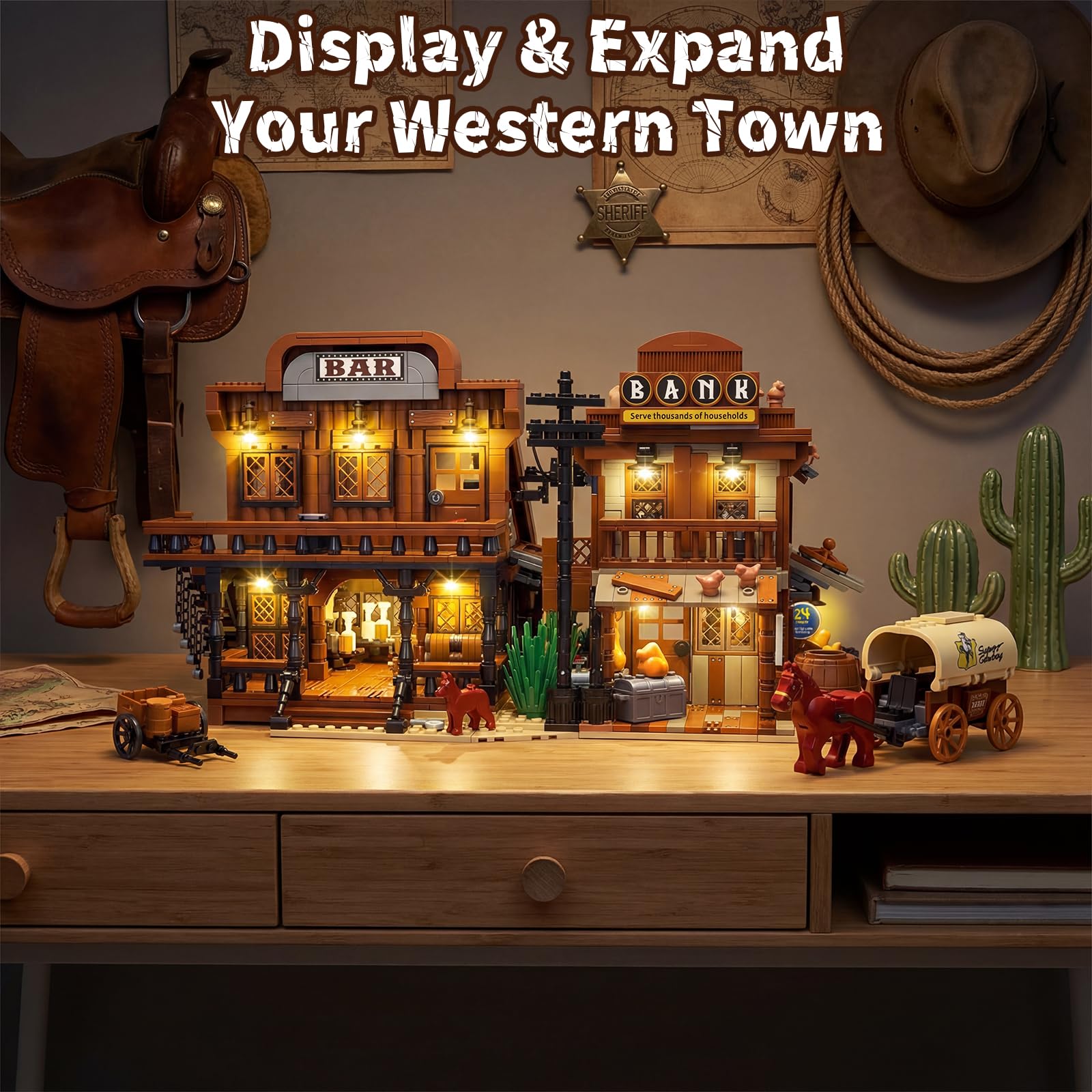 Western Cowboy Bar Modular Building Set, 1884 Teile Westernstadt Architektur mit Ställe und Pferde, Old West Klemmbausteine Haus, Sammlermodell für Erwachsene & Geschenk