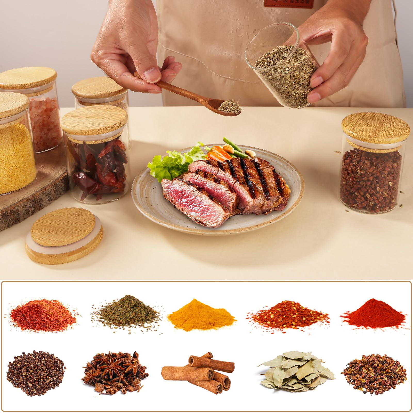 12 Pot a Epices Ronds, 250ml Bocaux à Épices en Verre et Bois, Bocaux en Verre Hermetique Récipient à épices, Boite Epices Cuisine Rangement, ⌀6,5cm x 10,5cm