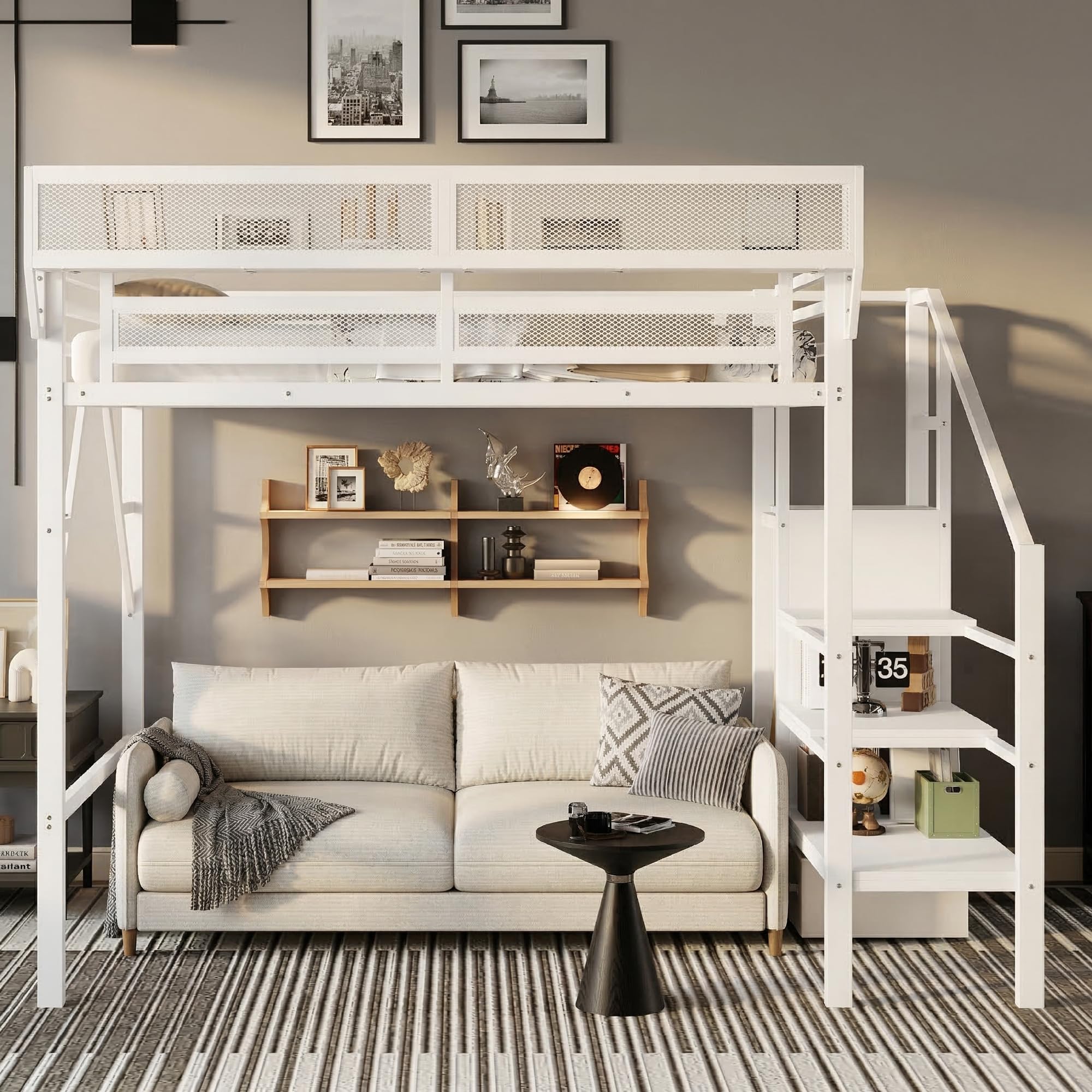 Twin Size Loft Bed with Stairs and Storage, Metal Loft Bed Frame with A Shelf and Large Under-Bed Space, Heavy-Duty Loft Beds for Kids Boys Girls Teens, White