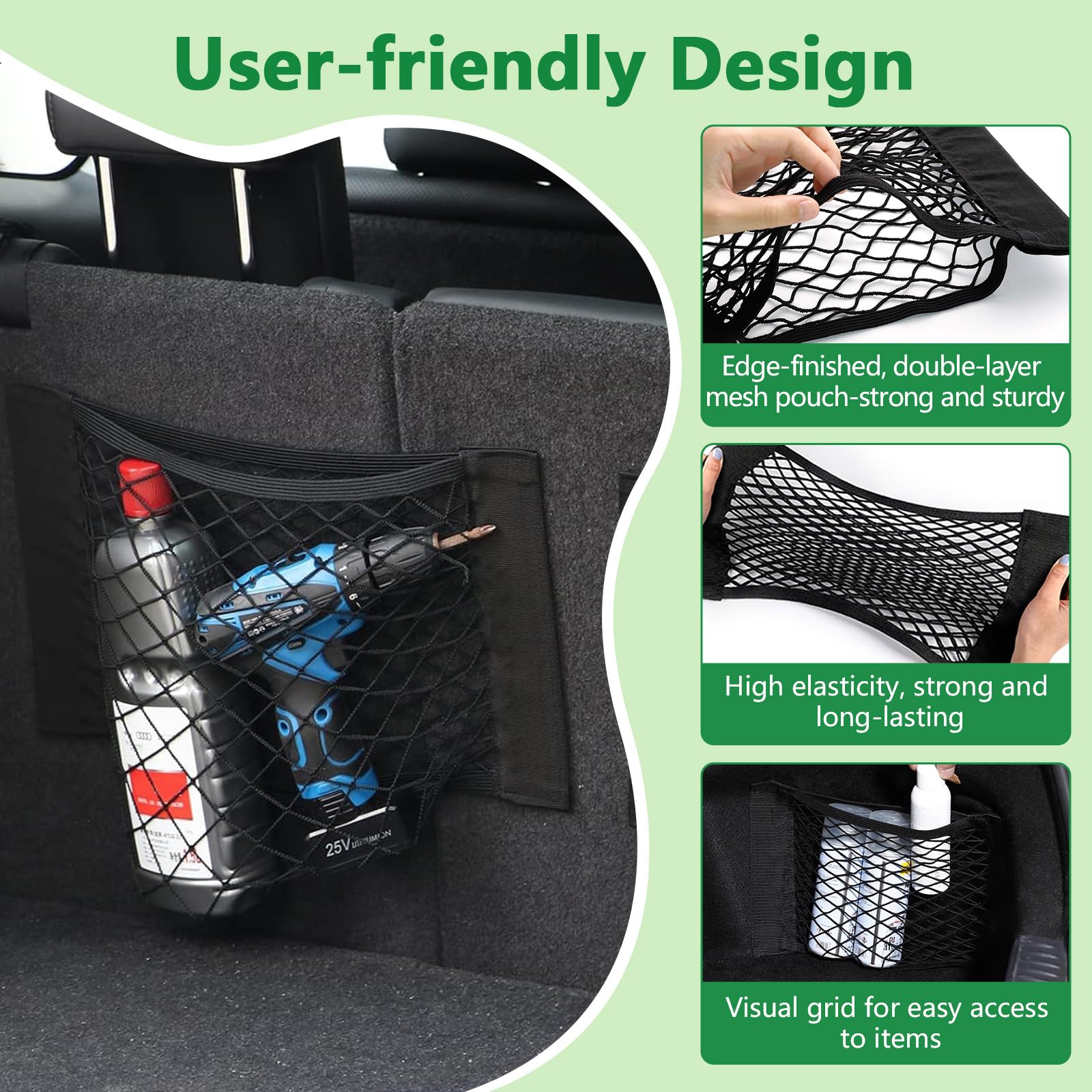 CARFIB Auto-Netztasche, Organizer, Kofferraum, kleine Ladungsnetze, Wohnmobil-Wand-Aufbewahrungstasche, elastisches Netz, Tasche mit Klettverschluss für SUV, Boot, 4 Stück
