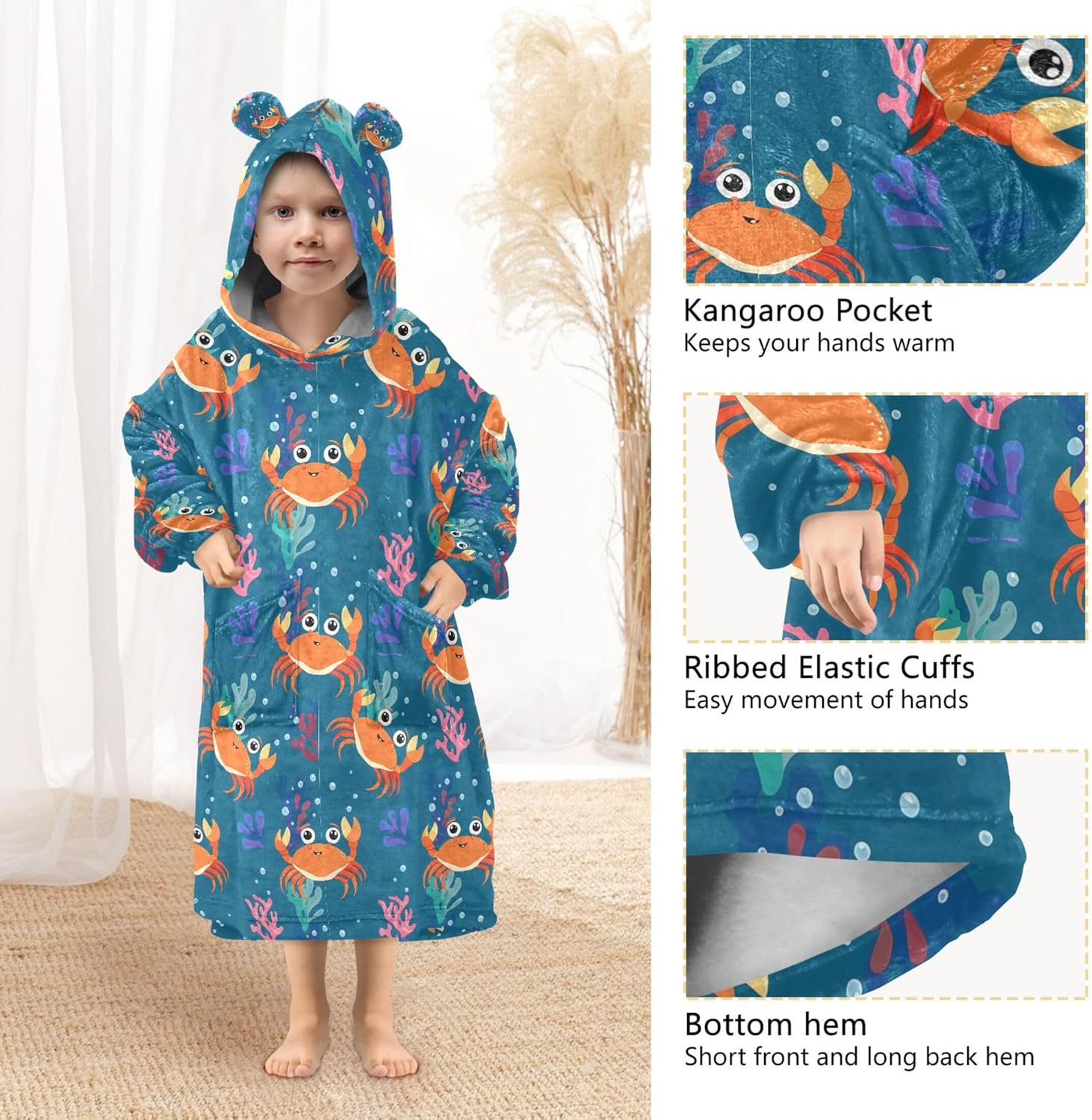 Cute Crab Kids Wearable Blanket Hoodie with Pocket and Sleeves for Toddlers, Cute Hoodies Girls Boys B0404072