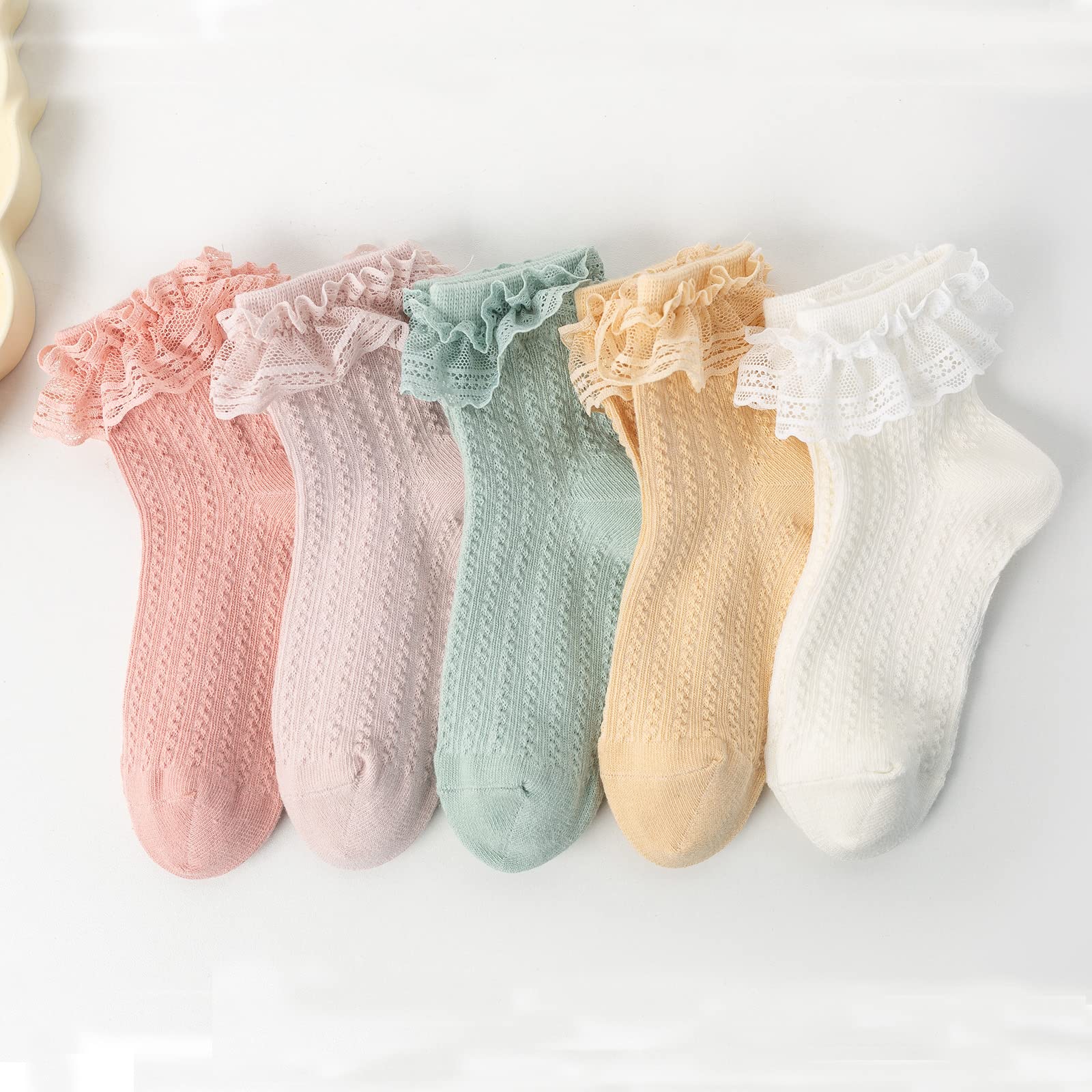 Taous Assam Newborn Baby Girls Socks Toddler Lace Ruffle Frilly Ankle Dress Sock for Infants 5 Pairs Mesh Size 12-24 Months