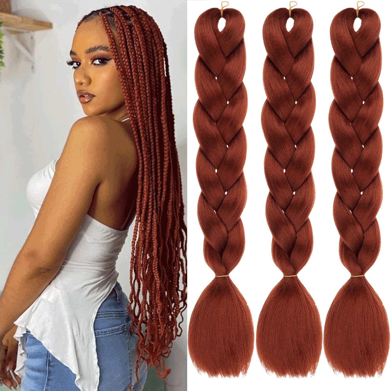 Xtrend 3 Packs 24 Inch Copper Red Jumbo Braiding Hair for Twist Box Braids - Kanekalon Synthetic High Temperature Hair (3 Packs, 350#)
