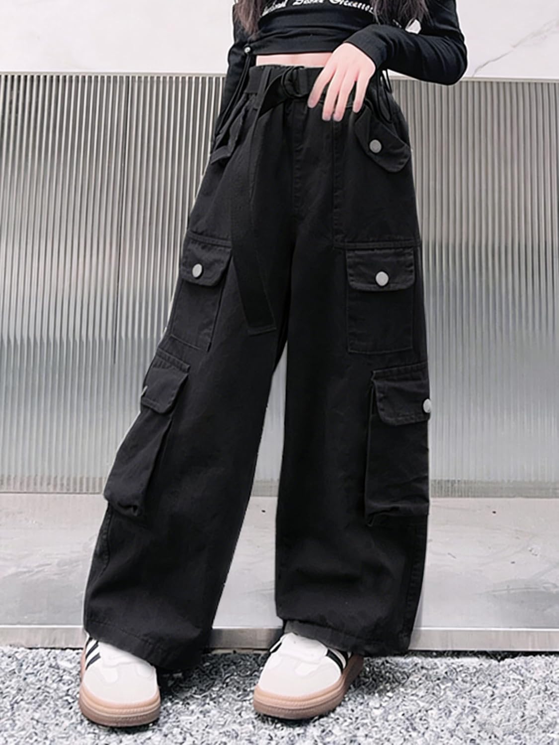 AOWKULAE Big Girls Y2K Multi Pocket Casual Jogger Cargo Pants Loose High Waist Trousers Included belt，Black，13-14 Years = Tag 170