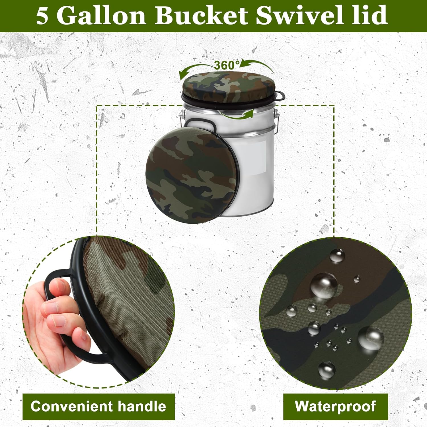 2 Pcs 5 Gallon Bucket Seats Lid, 360 Degree Swivel 2 Inch Thick Green 5 Gallon Bucket Seat Cushion for Hunting Fishing Baseball Gardening and Camping