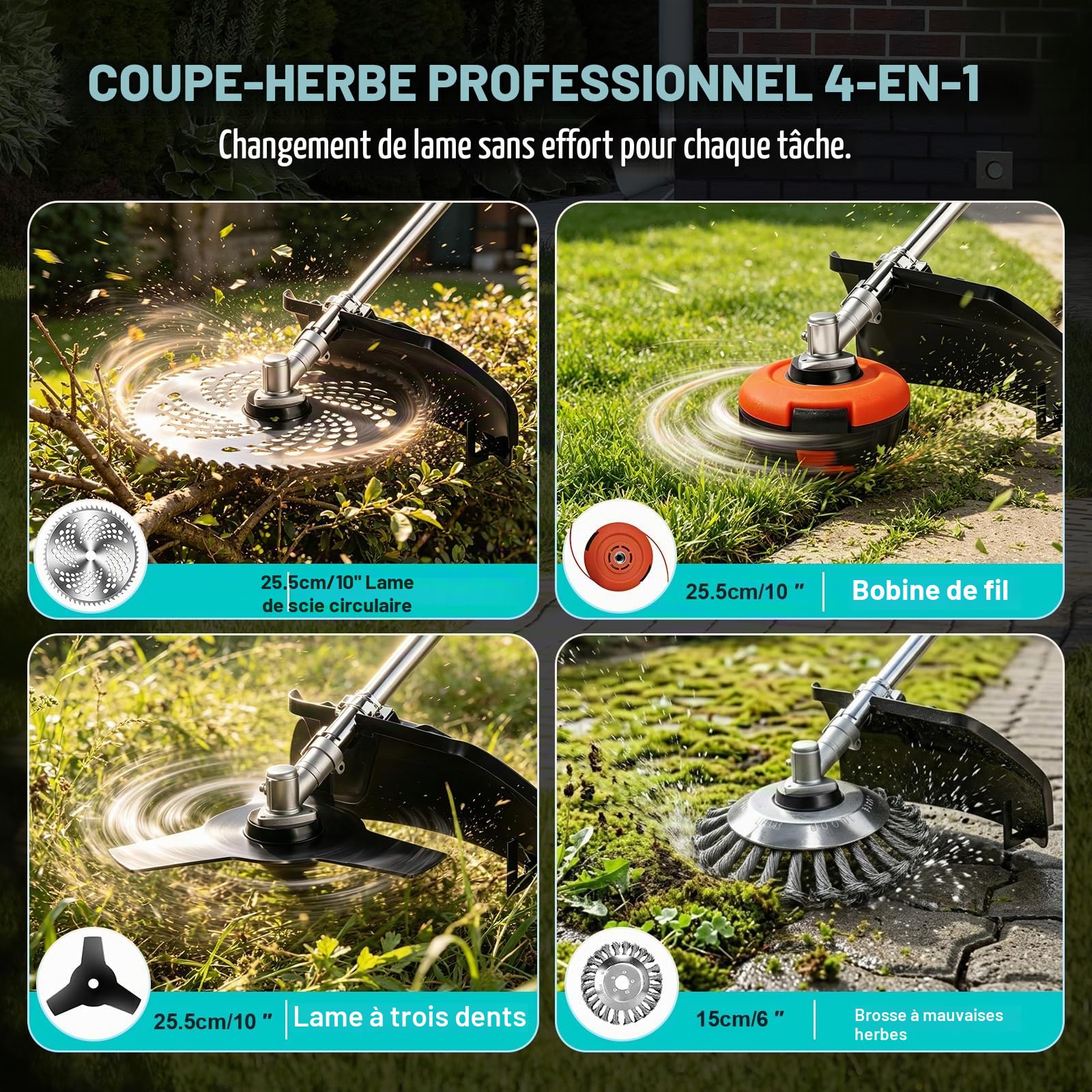 Coupe-Bordures sans Fil avec 2 Batteries de 4,0 Ah, débroussailleuse et Coupe-Bordures électrique sans Fil 4 en 1, Moteur sans balais de 950 W, idéal pour la Tonte de pelouse et l'entretien du Jardin