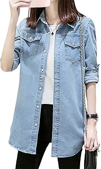 Jofemuho Women's Denim Shirt Long Sleeve Button Down Jean Jacket Shirt