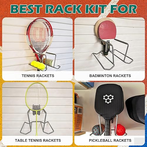 Miniatura 2 de Aolamegs Soporte para raqueta de tenis de metal para montaje en pared, de acero resistente, soporte de almacenamiento para raqueta de bádminton,