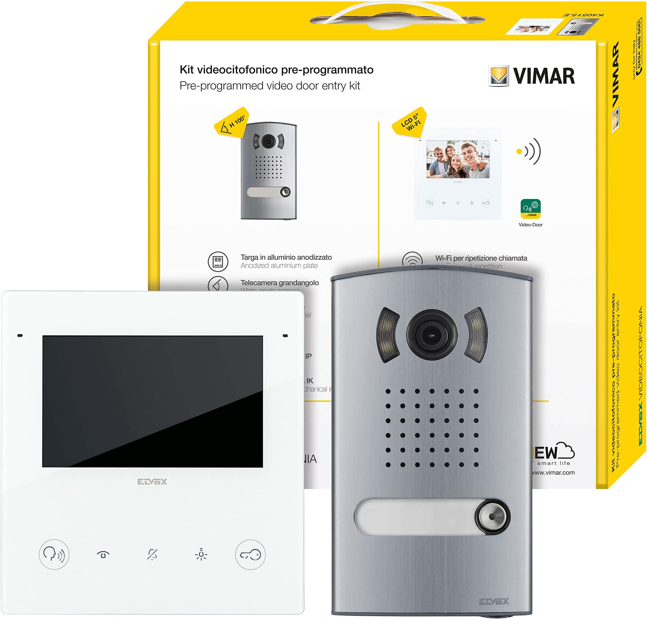 VIMAR K40515.E WiFi Video Door Entry Kit One User, 2 Wires, with: 1 x Tab 5S Up, 1 x Recessed or Surface Mounted Plate, 1 x Audio/Video Electronic Unit, 1 x Power Supply