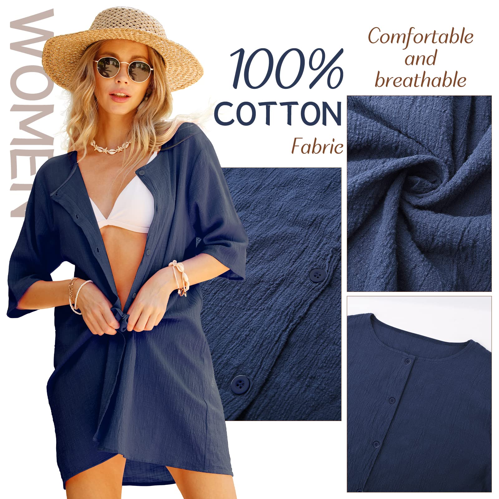 Svanco Mujer Vestido de Playa Transparentes Algodón Blusa de Bikini Cover up Suelto Verano Camisolas y Pareos Color Sólido Casual Ropa de Playa con Boton Trajes de Baño Pareos