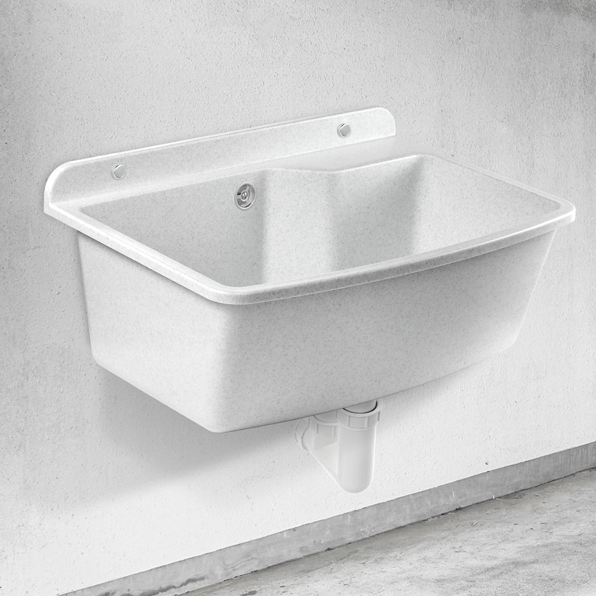 GOSPO Ausgussbecken, 61 cm x 44 cm x 23,5 cm, Waschbecken aus Kunststoff, Waschtrog mit Überlauf, Siphon, Spülbecken inkl. Zubehör, Waschraum, Gartenwaschbecken (Weiß/Grau)