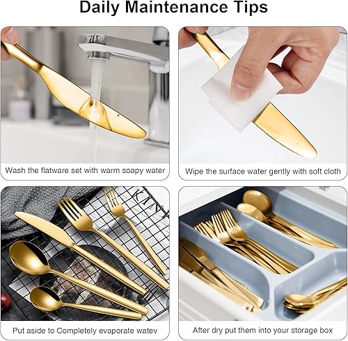 Miniatura 5 de Fashionwu Juego de cubiertos de oro mate de 30 piezas juego de cubiertos de acero inoxidable para 6 juego de utensilios de cocina con cuchillos de