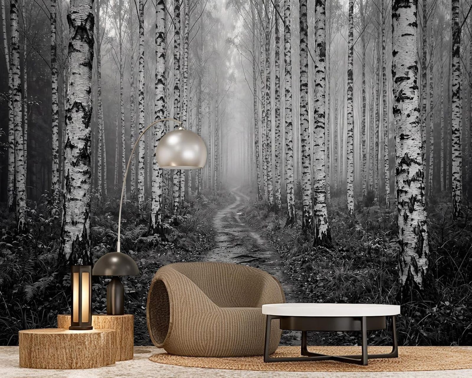 Black and white forest wallpaper, forest path, modern wall covering for living room, bedroom, children's room, wall decoration, motif wallpaper, 250cm x 175cm, stickers - frameless painting - poster
