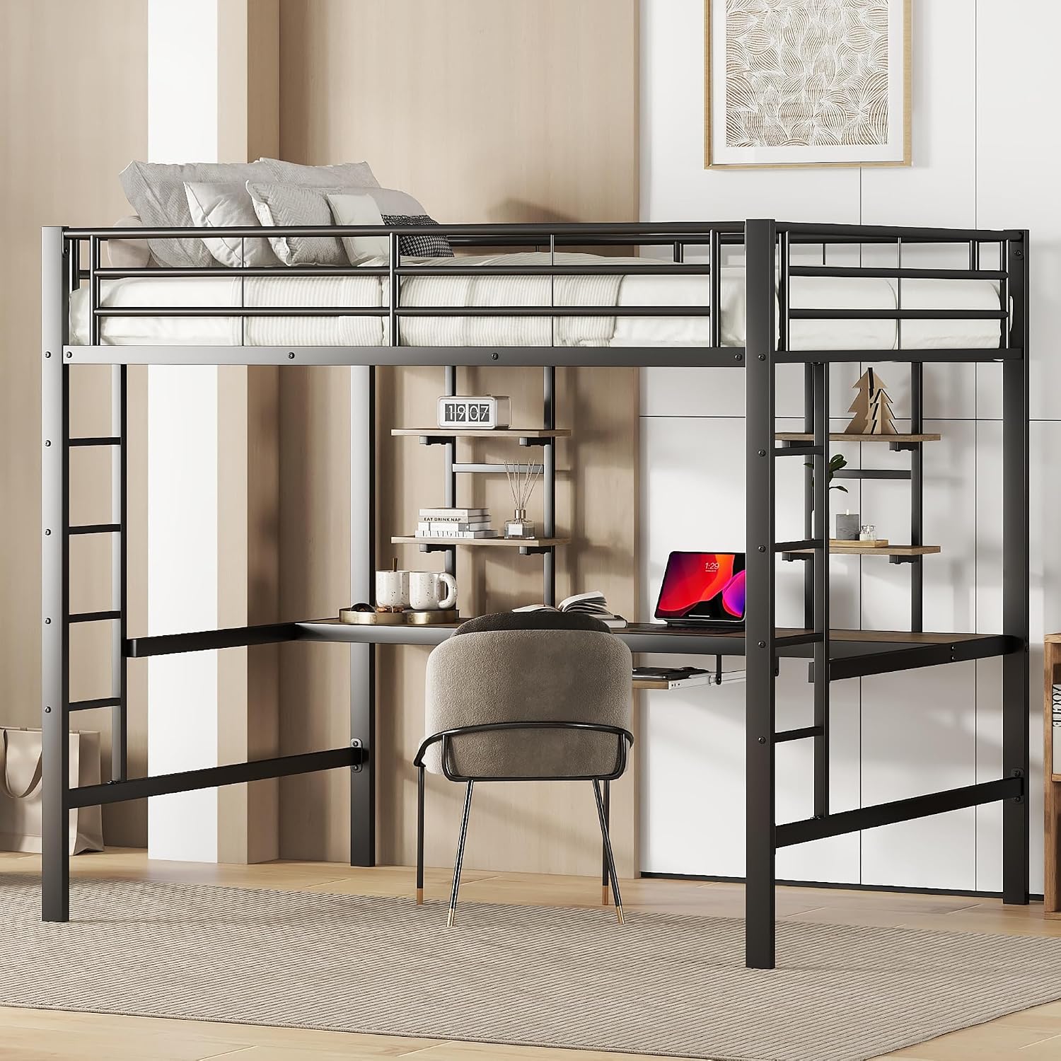 YESGIGA Metal Bed Frame Iron Bed Bunk Bed with Desk and Two Bookshelves for Children Teenagers and Adults 140 x 200 cm