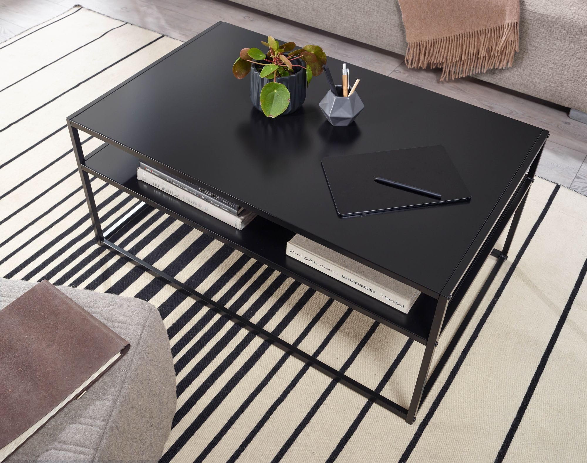 FineBuy Couchtisch 100x60x45 cm Metall Wohnzimmertisch Industrial Schwarz, Sofatisch Stahl mit Stauraum, Loungetisch mit Ablagefach, Kaffeetisch Beistelltisch Eckig