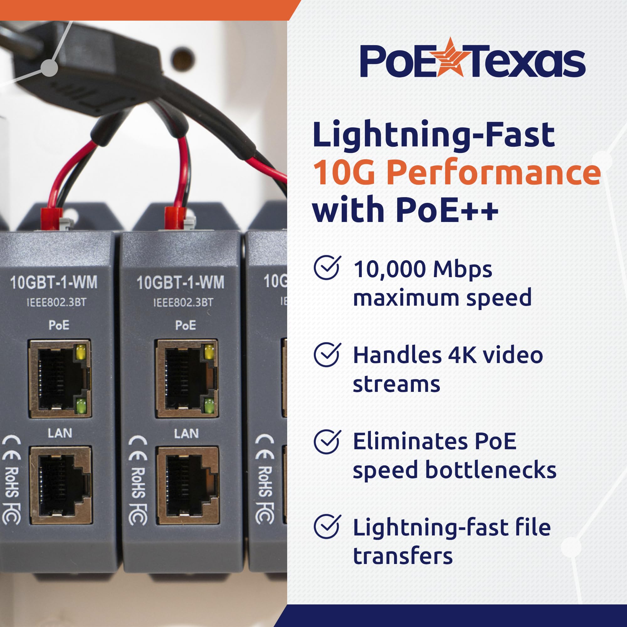 PoE Texas Injecteur Midspan PoE++ 6 ports 10 Gigabit avec alimentation 48 V 480 W – Convertit les ports non PoE en PoE++ – Fournit des appareils de 90 W à 802,3 bt jusqu'à 100 m – Montage mural ou
