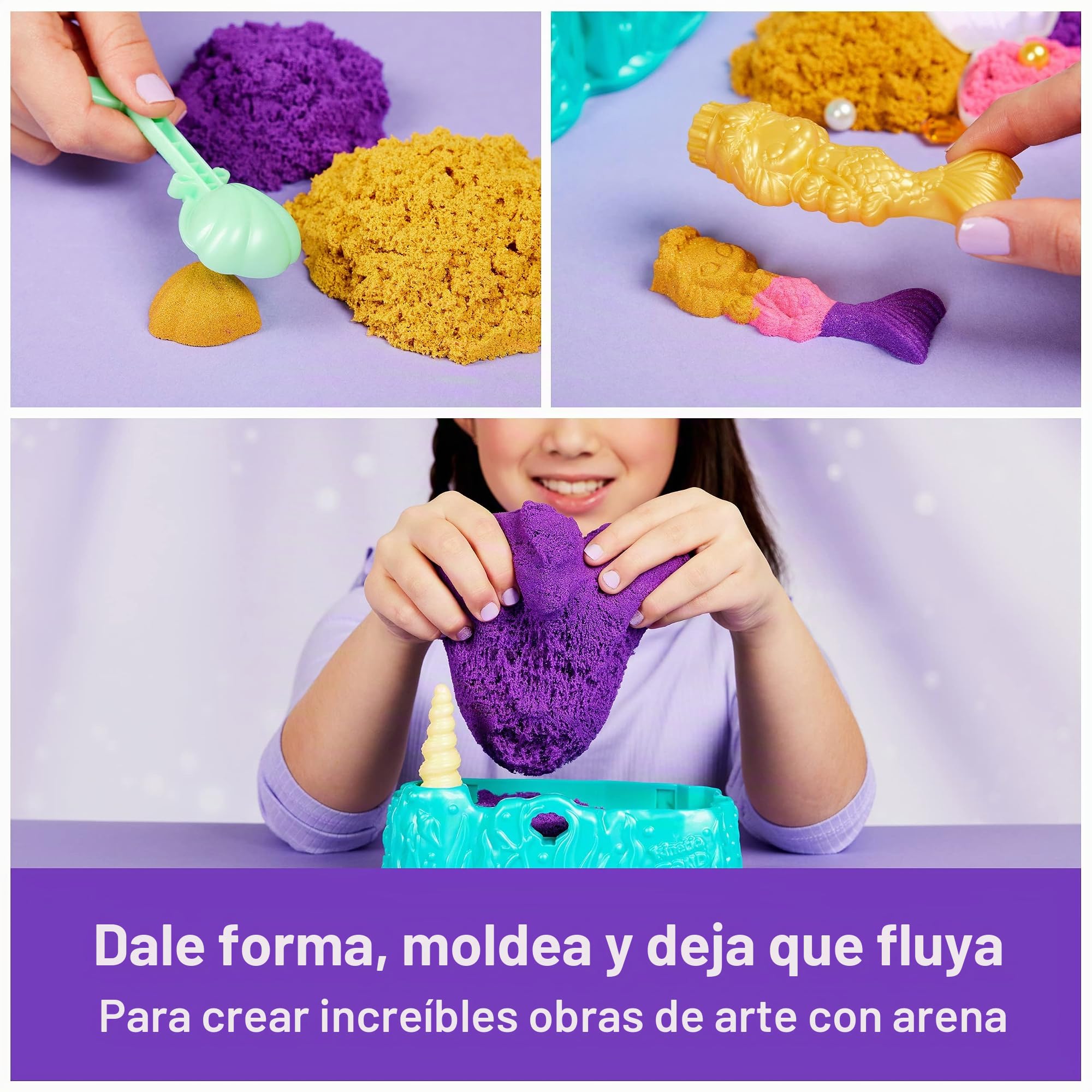 Kinetic Sand, Juego de cristal de sirena, 481 g de arena de juego, arena brillante dorada, almacenamiento y herramientas, juguetes sensoriales para niños a partir de 3 años
