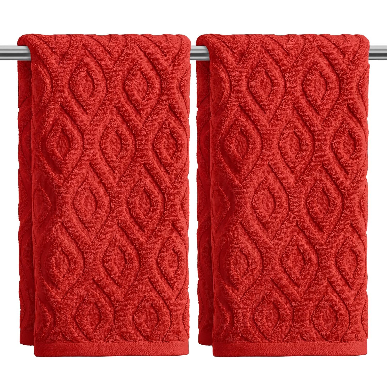 Artoid Mode Red 3D Diamond Grid Jacquard Hand Towels for Bathroom 35 x 75 cm, 100% Cotton Soft Absorbent Bathroom Decor Towels Set of 2