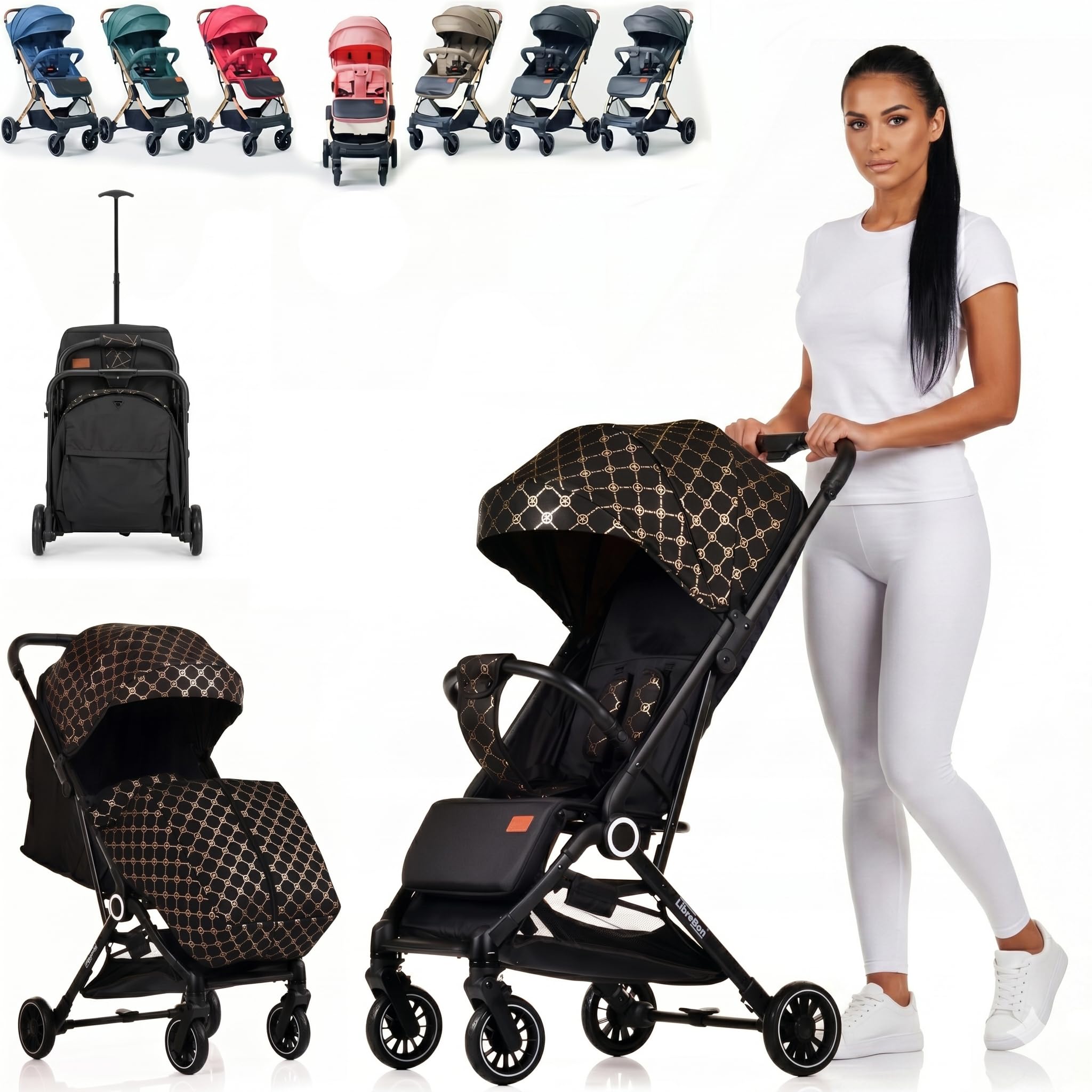 Lightweight Stroller, Baby Pushchair, Compact Travel Buggy, One Hand Foldable, Upgraded Wheels, Four Seasons Stroller, Foot Cover, Rain Cover (Black - Golden Lattice)