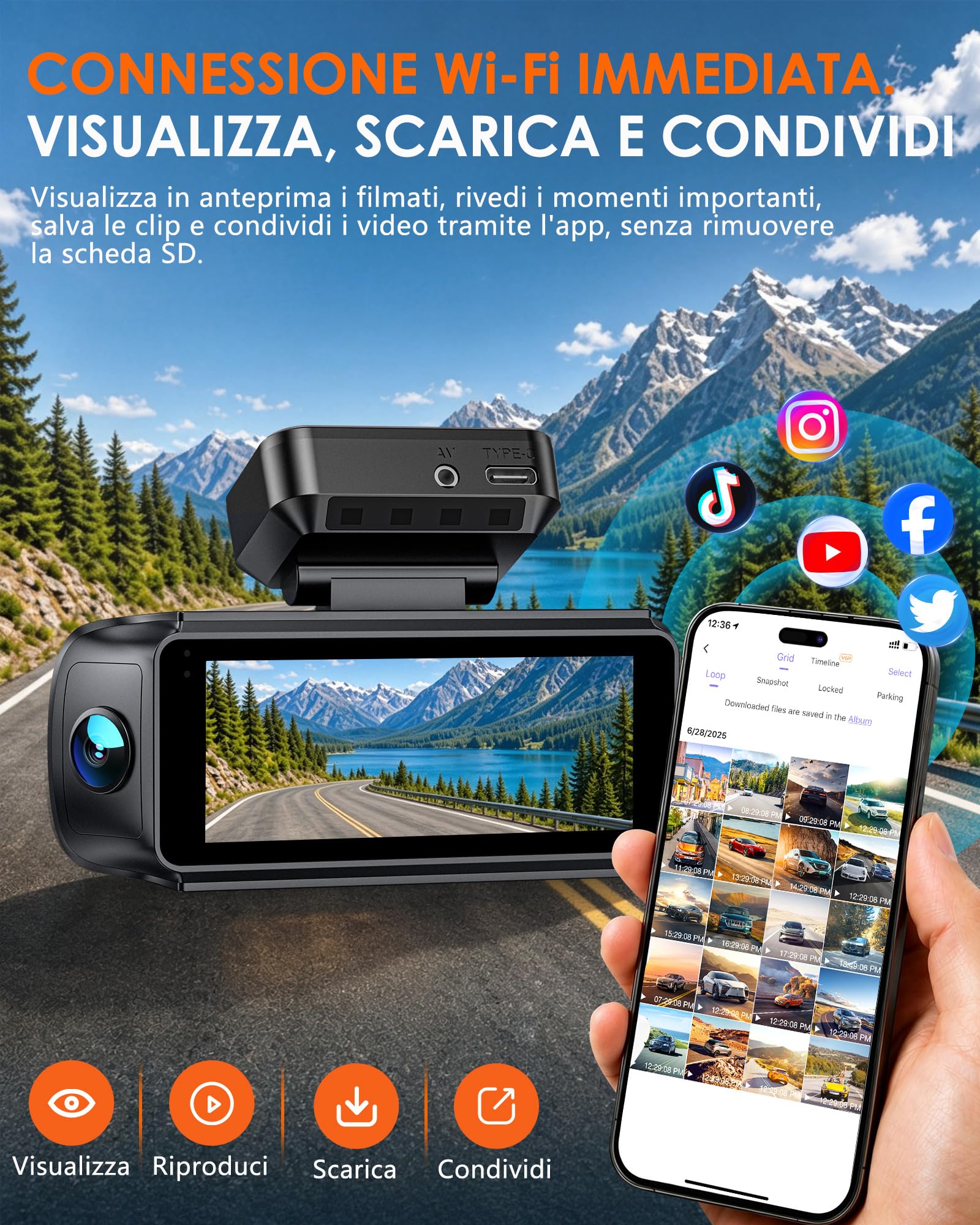 iZEEKER iD340 Dash Cam Auto 4 Canali, 4K Anteriore, 3x1080P, WiFi 6 | 4K anteriore + 3x1080P, WiFi 6, F1.6, WDR, schermo IPS da 3,39", modalità parcheggio, fino a 256GB