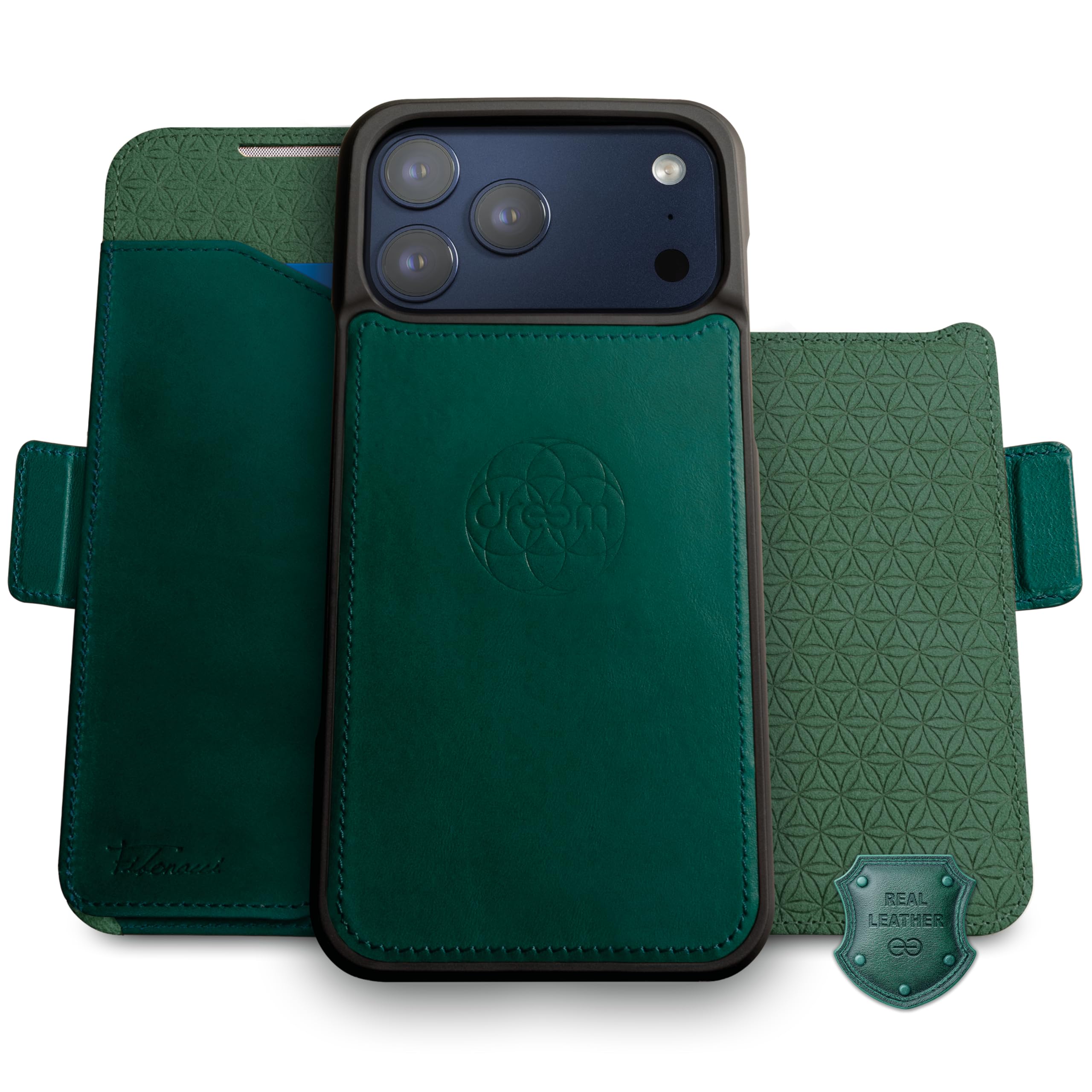 Dreem Real Leather Wallet Case for iPhone 17 Pro, Revolutionary Vert/Hor Phone Stand, Magnetic Detachable Flip Cover RFID Blocking Card Holder, MagSafe-Fit, Gift Box [Fibonacci: Green]
