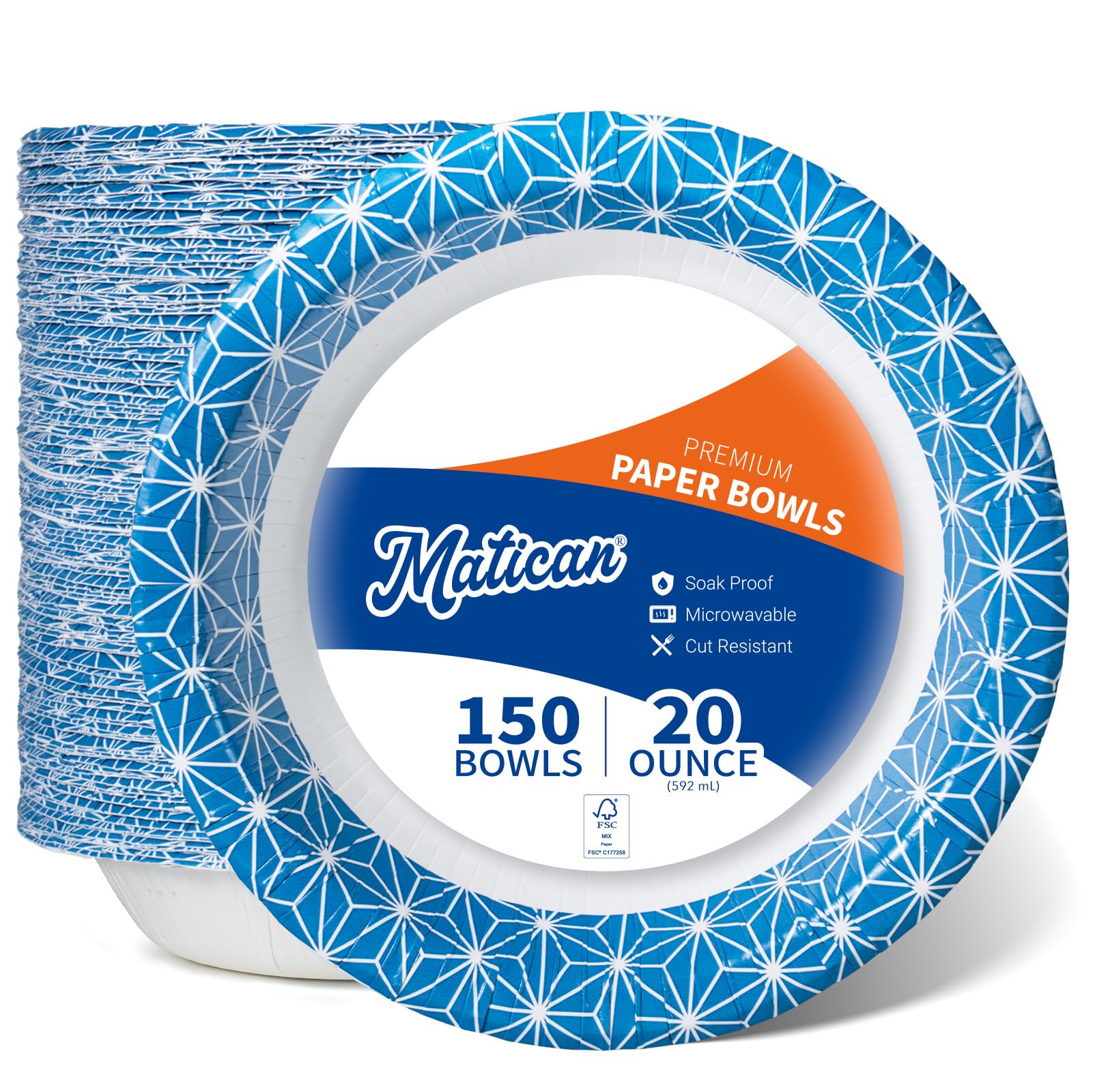 Paper Bowls, 592 ml, 150-Count, Microwave-Safe, Soak-Proof, Disposable Bowls with Asanoha Mosaic Design, Great for Soup Salad