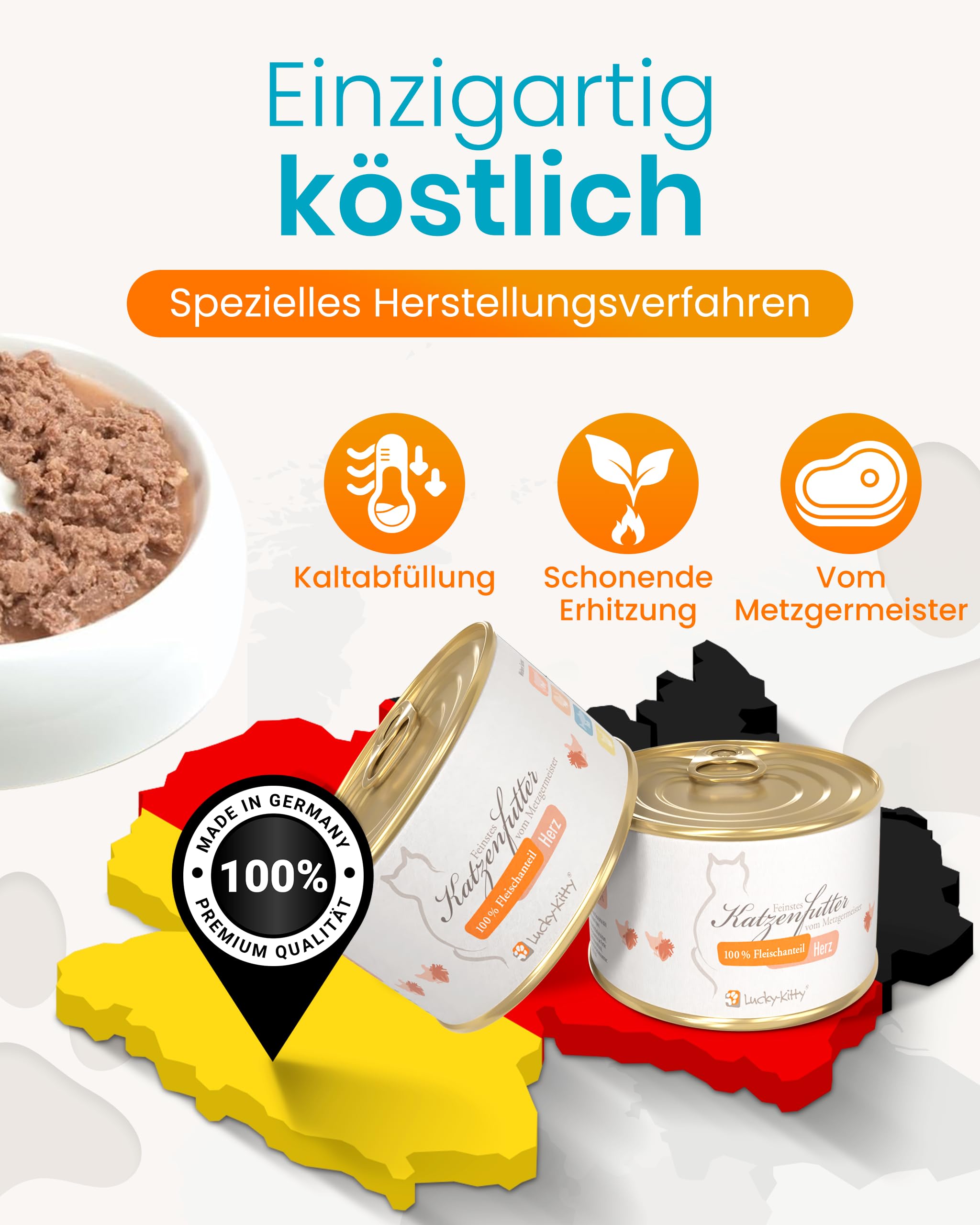Lucky-Kitty Katzenfutter Nass 100% Hühnerherzen, Ohne Zusätze, 16 x 200g | Ohne Getreide & Zucker, Frisch vom Metzger, Für Katzen & Kitten, Nährstoff- und Vitaminreich, Made in Germany