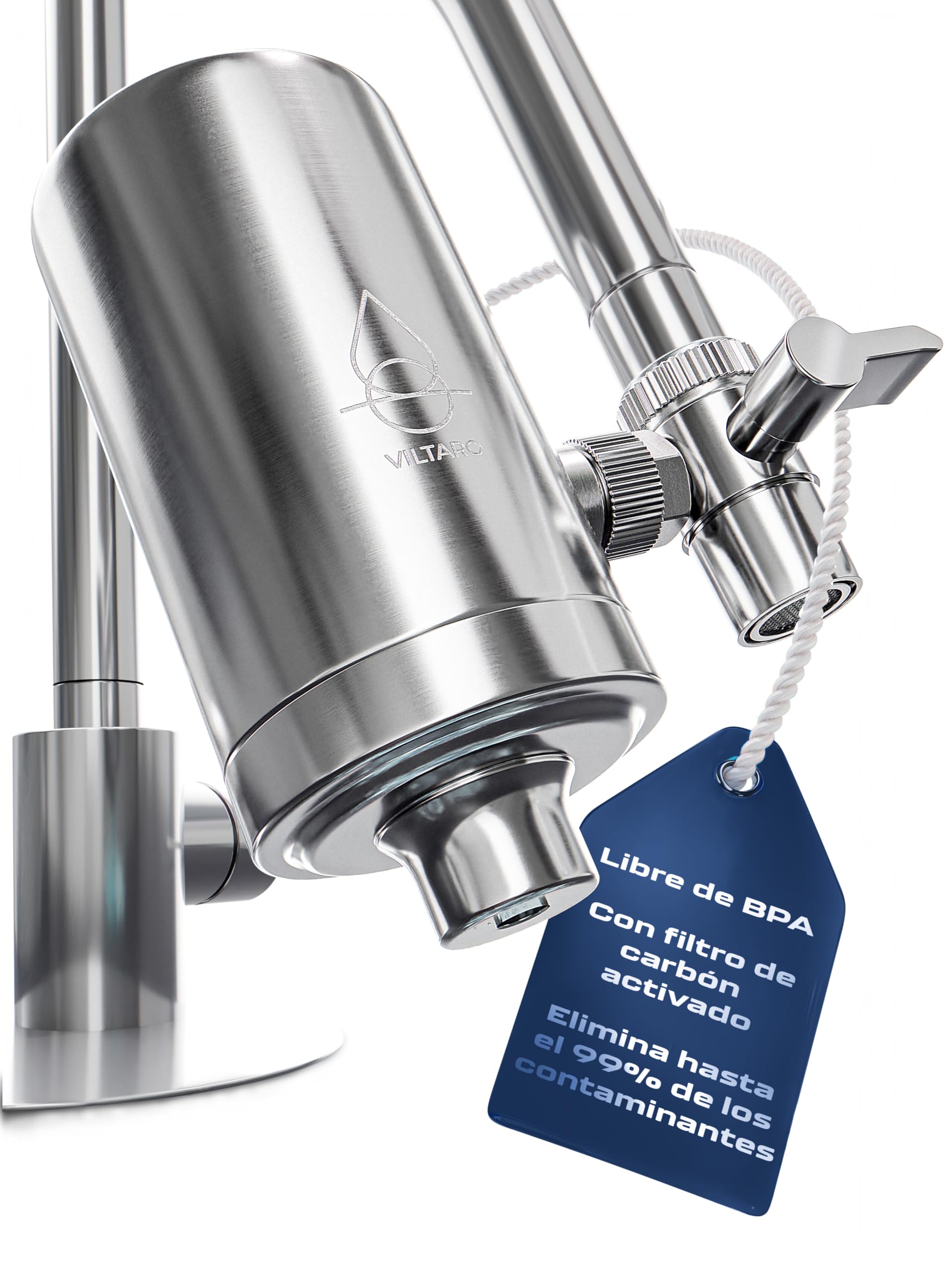 VILTARO® Filtro Agua Grifo – solo 0,02 €/litro de agua potable, sin BPA, acero inoxidable, aireador ahorrador de agua, filtro de carbón activo | Filtro de agua para grifo, filtro grifo cocina