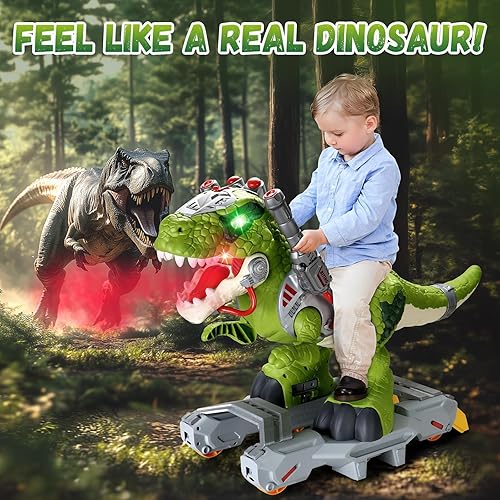 Vista 5 de Coches de juguete de dinosaurio para niños, juguetes eléctricos con música, luz y humo, regalo para niños de 3 a 5 años, scooter para niños